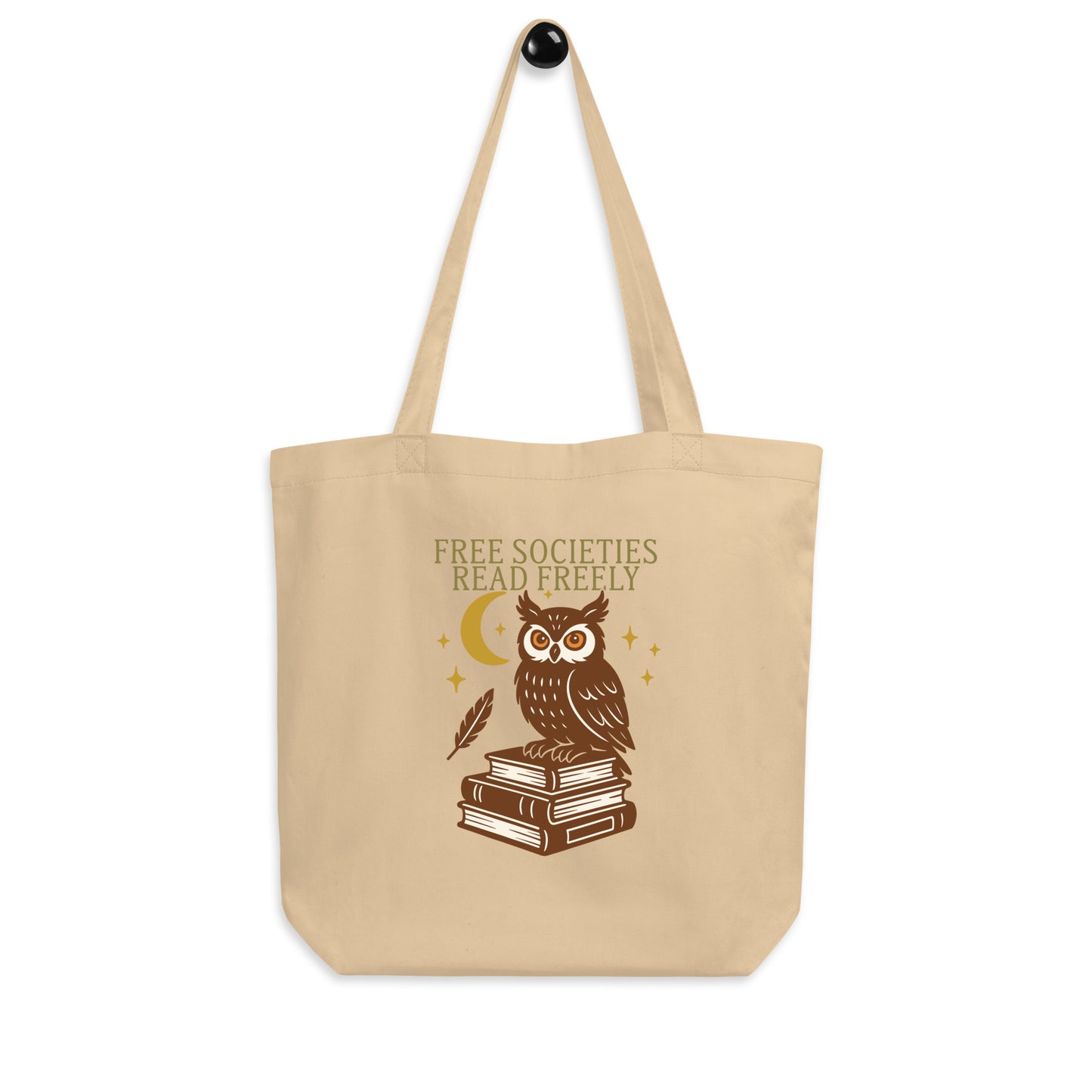 Natural color canvas “Free Societies Read Freely” tote bag with illustrated owl and moon graphic. Book-lover and literacy-rights eco bag by Blue Wave USA.
