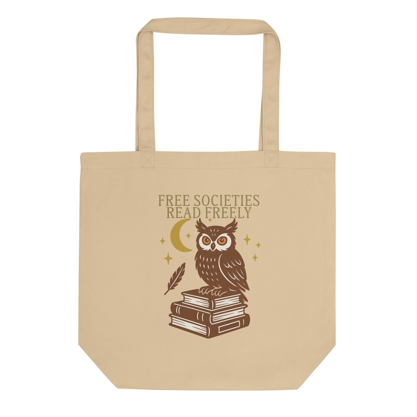 Natural color eco tote bag with illustrated owl and book design reading “Free Societies Read Freely.” Pro-literacy activist bag by Blue Wave USA.