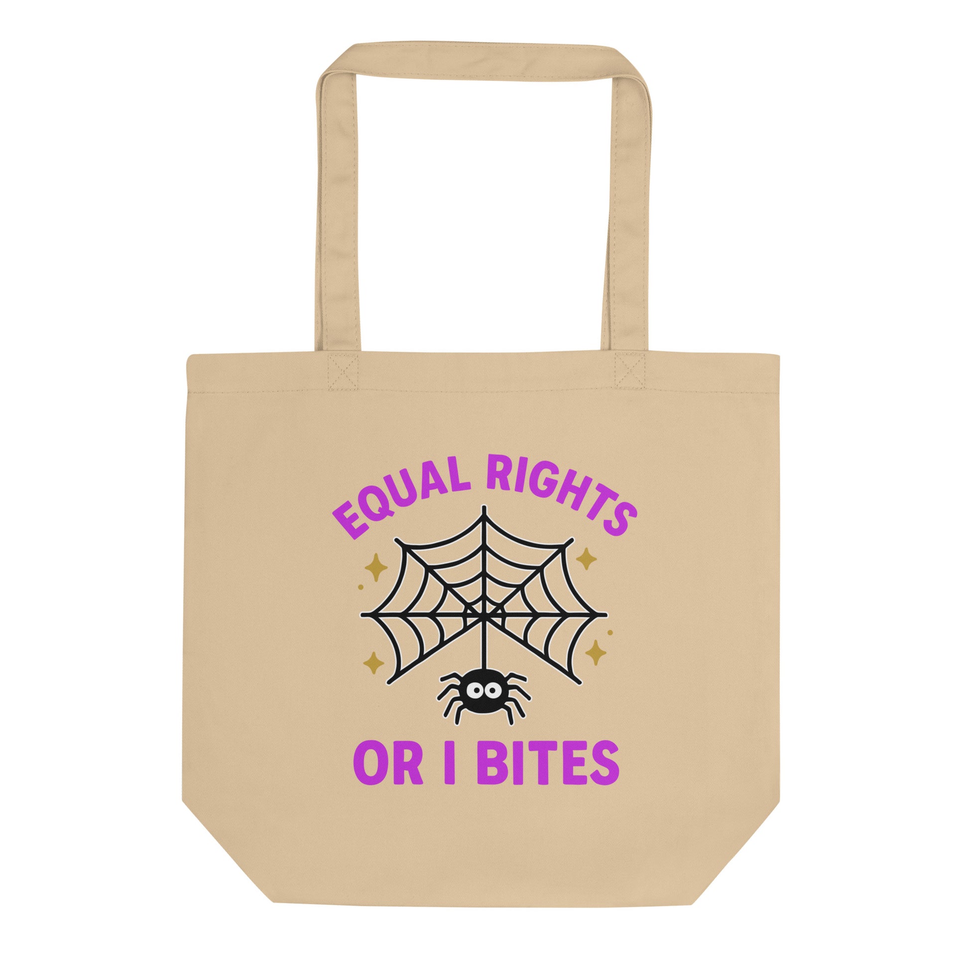 Natural canvas tote with spider web illustration and purple text reading “Equal Rights or I Bites.” Eco-friendly feminist Halloween bag by Blue Wave USA.