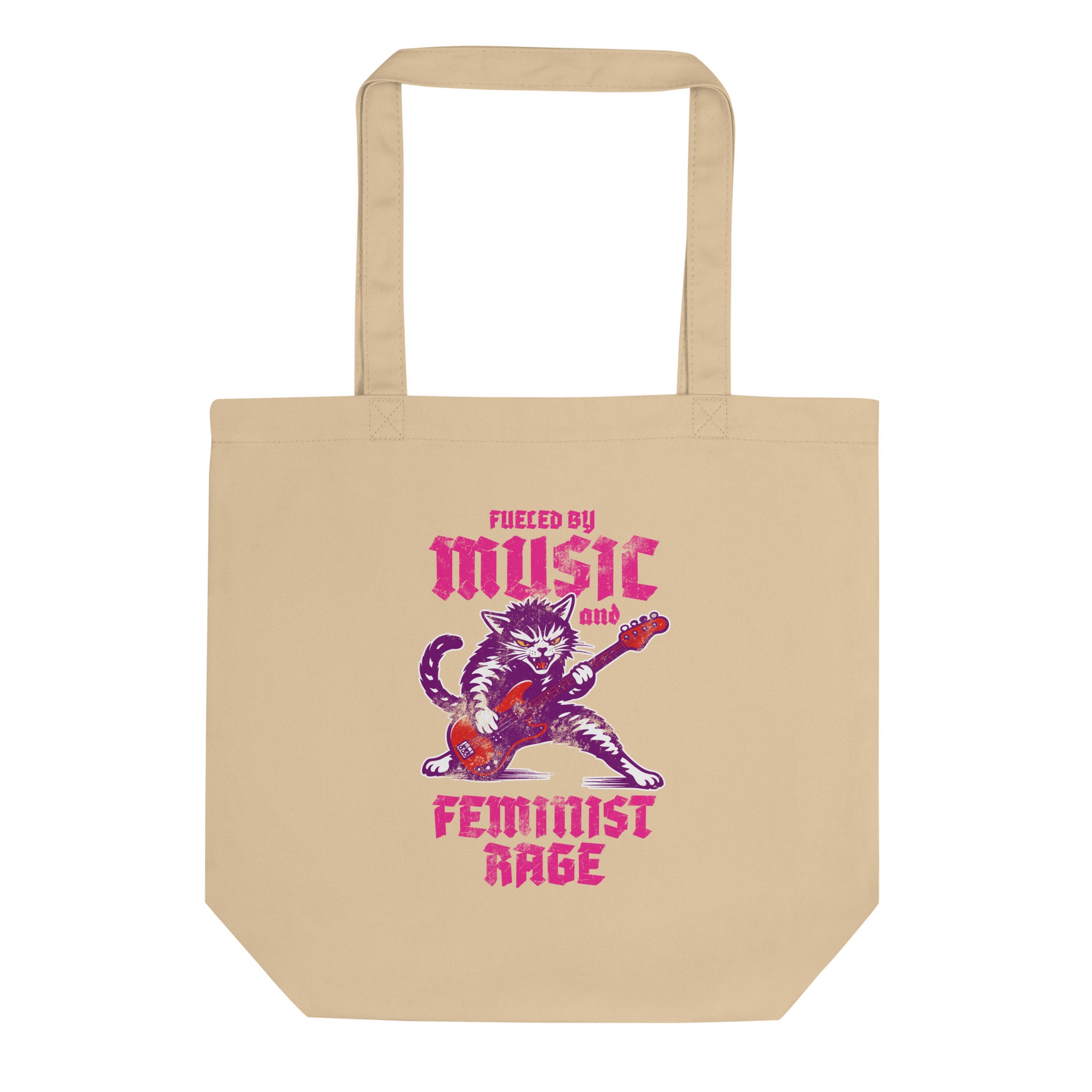 Natural canvas eco tote bag shown flat on a white background, highlighting the punk rock cat illustration and gothic text reading “FUELED BY MUSIC AND FEMINIST RAGE,” clean print detail from Blue Wave USA.