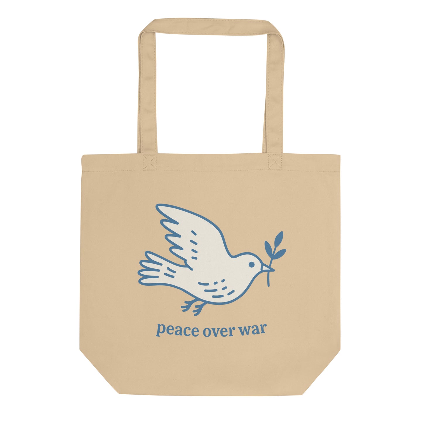 Eco tote bag featuring a blue dove carrying an olive branch with “peace over war” text, minimalist anti-war design for progressive everyday accessories.