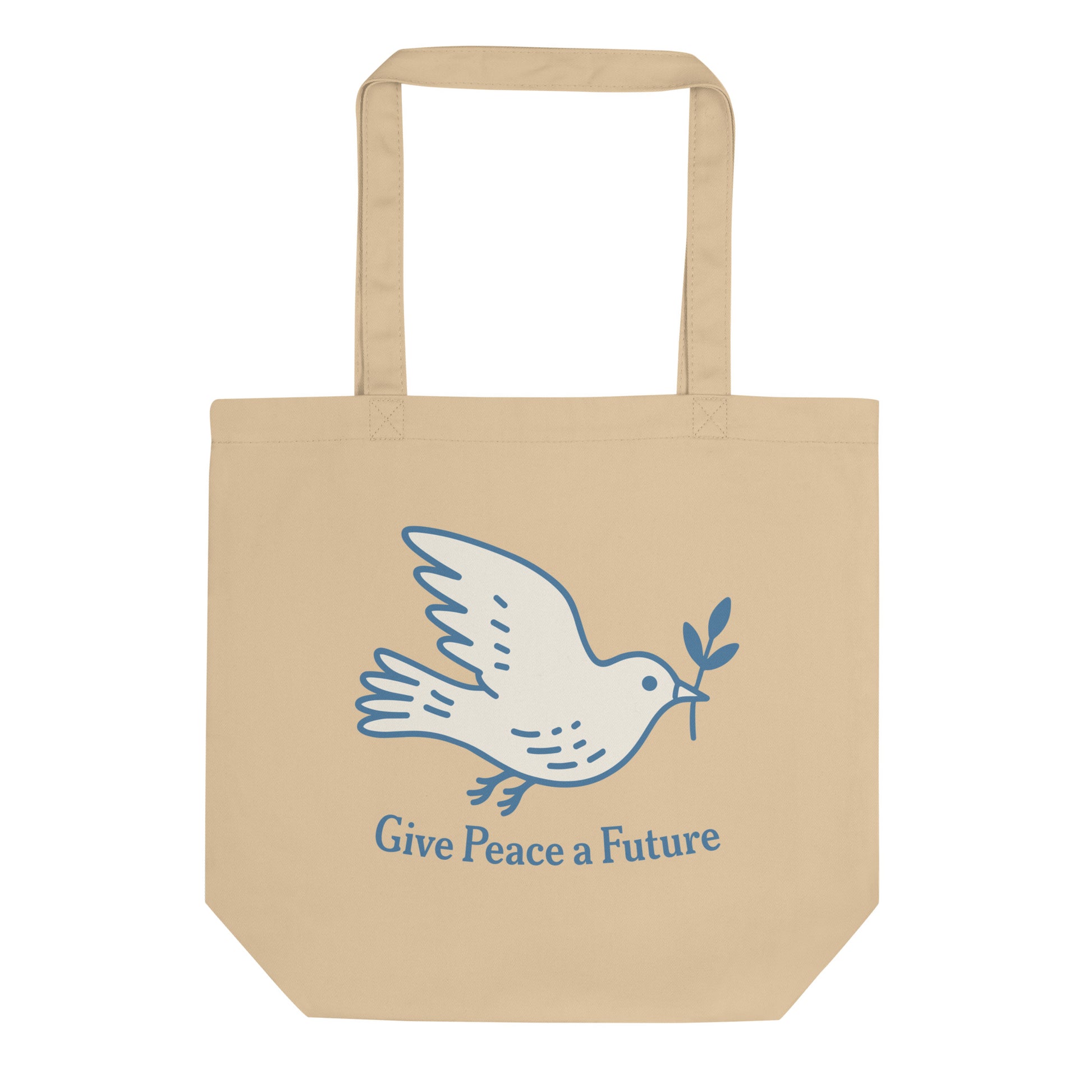 Eco tote bag featuring a blue dove carrying an olive branch with “Give Peace a Future” text, minimalist anti-war hope design for progressive everyday accessories.