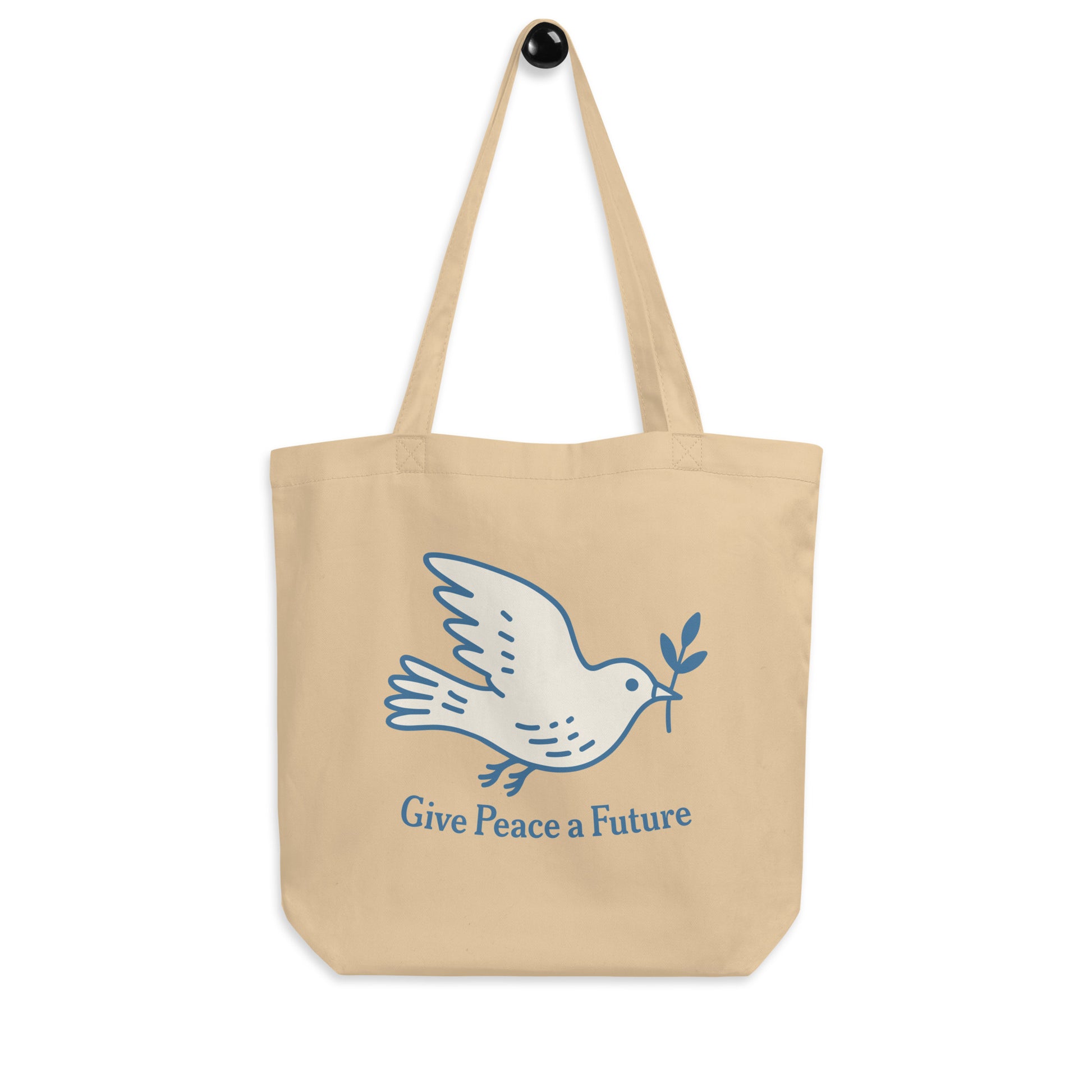 Blue Wave USA eco tote displaying dove peace artwork with olive branch and “Give Peace a Future” wording, calm activist accessory for books and errands.