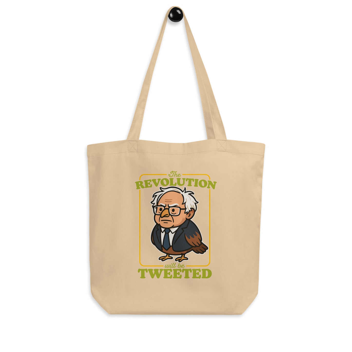 Blue Wave USA eco tote displaying Birdie Sanders illustration with vintage revolution poster styling and tweeted slogan, activist accessory for books and errands.