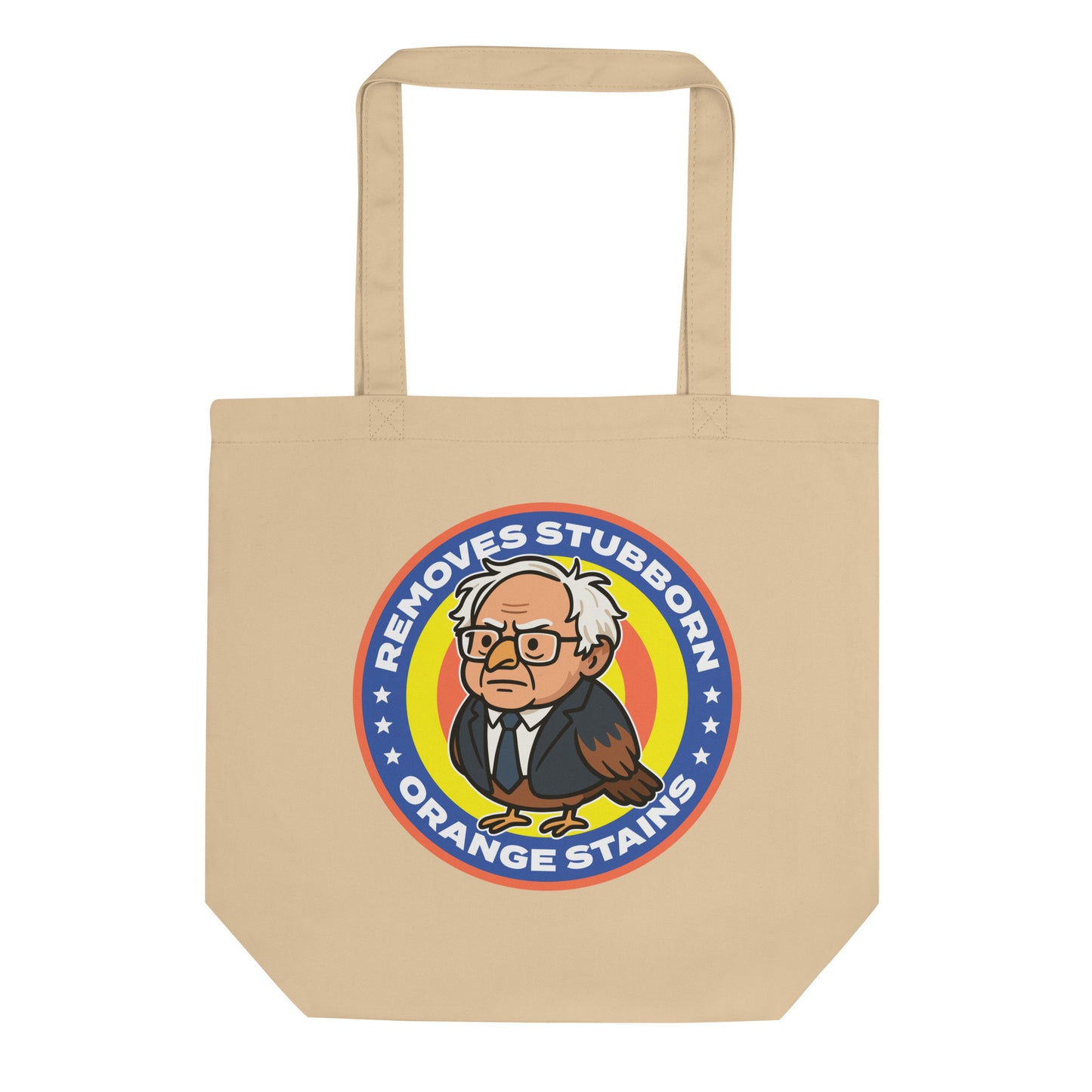 Eco tote bag featuring Birdie Sanders parody detergent badge with “Removes Stubborn Orange Stains” text, playful political humor accessory for progressive everyday use.