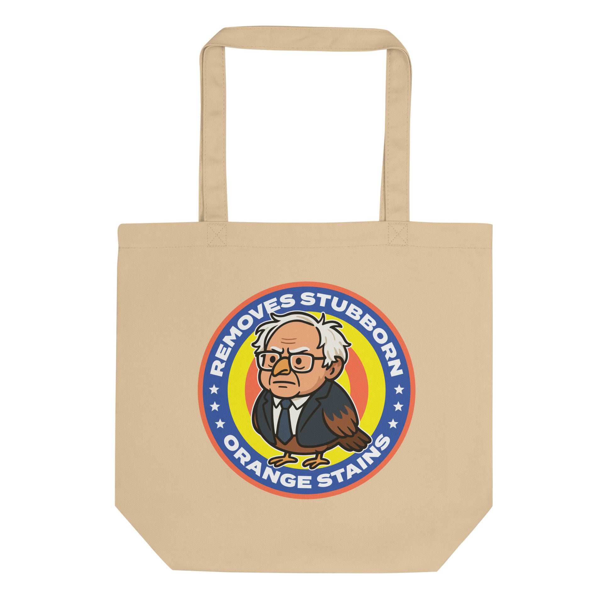 Eco tote bag featuring Birdie Sanders parody detergent badge with “Removes Stubborn Orange Stains” text, playful political humor accessory for progressive everyday use.
