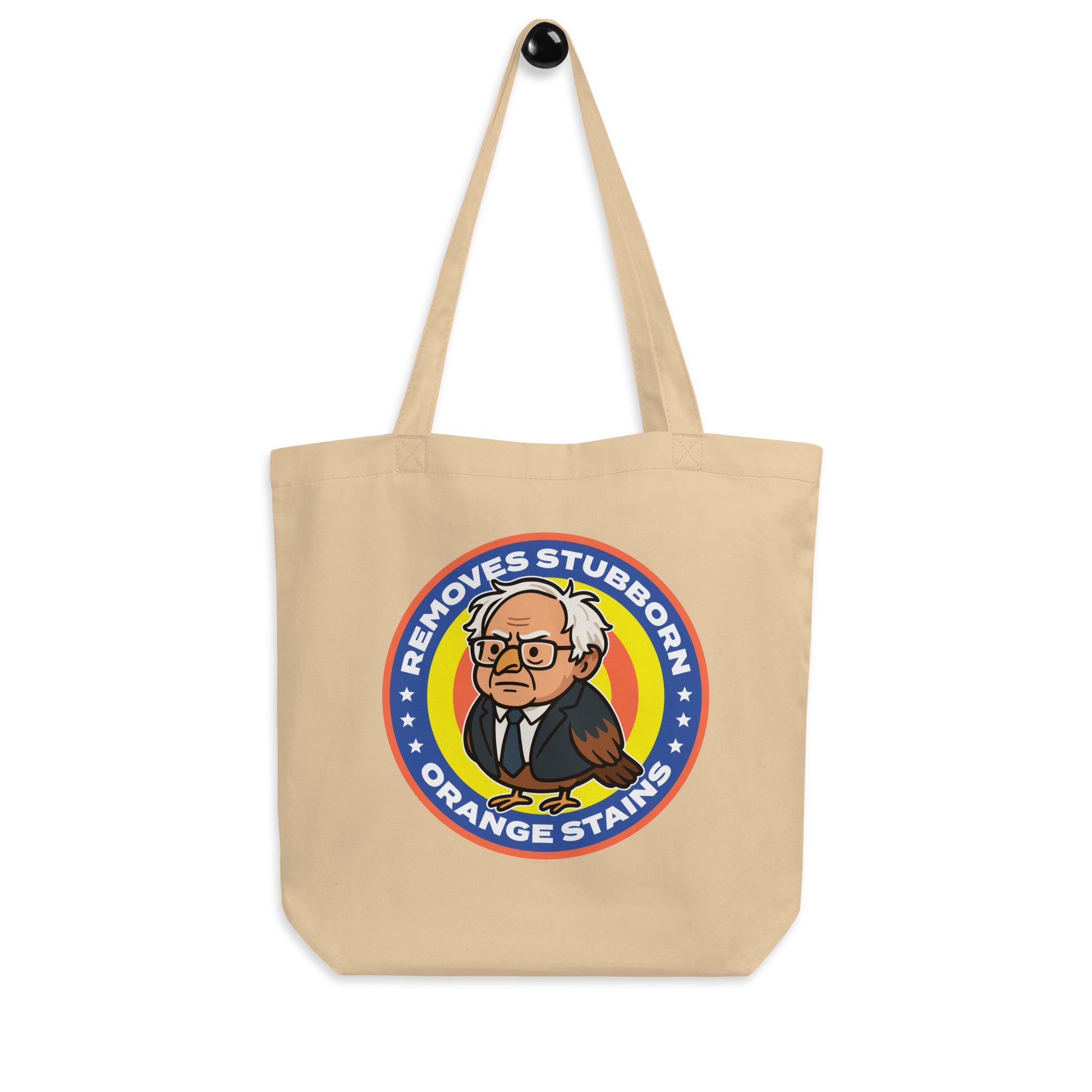 Blue Wave USA eco tote displaying circular Birdie Sanders cleaning parody logo with orange stains wording, satirical activist accessory for books and errands.