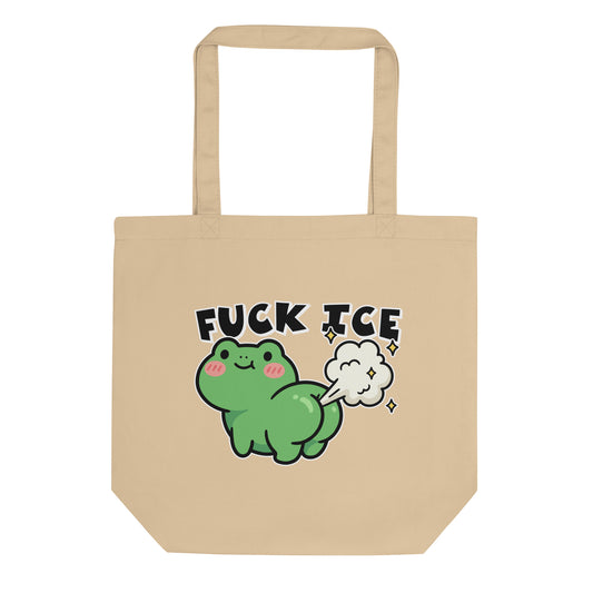 Eco tote bag featuring cartoon green frog with gas cloud and “Fuck ICE” text, bold anti-ICE protest design for playful activist accessories.