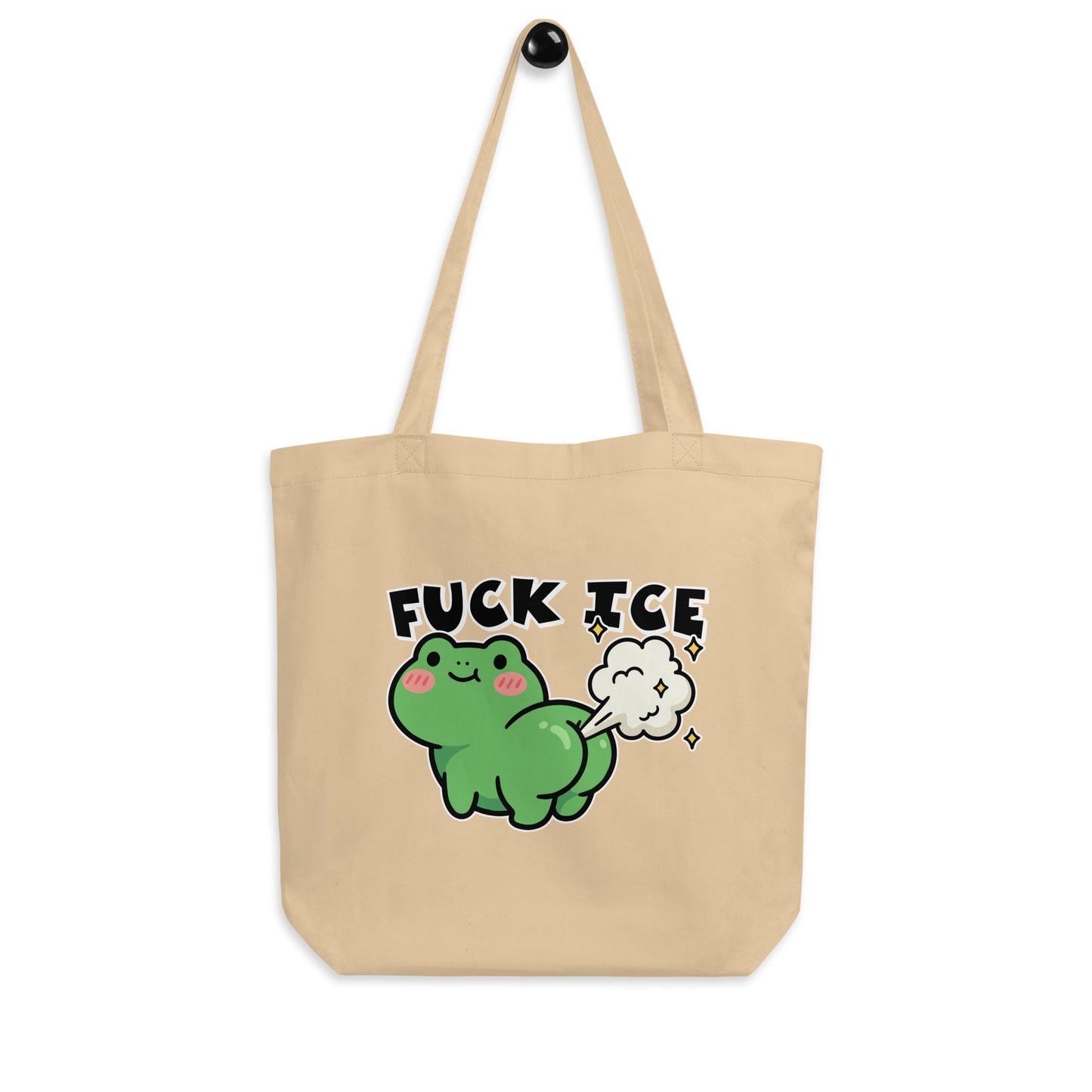 Blue Wave USA eco tote displaying frog illustration with gas cloud and “Fuck ICE” wording, humorous immigration justice accessory for books and errands.