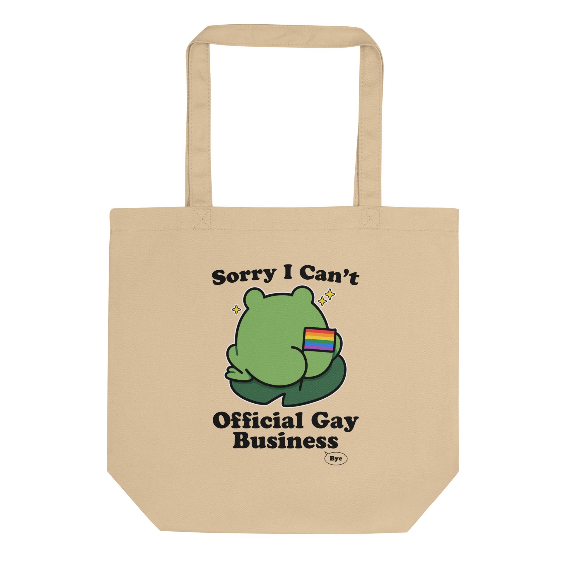 Natural canvas eco tote bag featuring a frog displaying a rainbow flag with humorous “Official Gay Business” artwork and LGBTQ+ pride-inspired message.