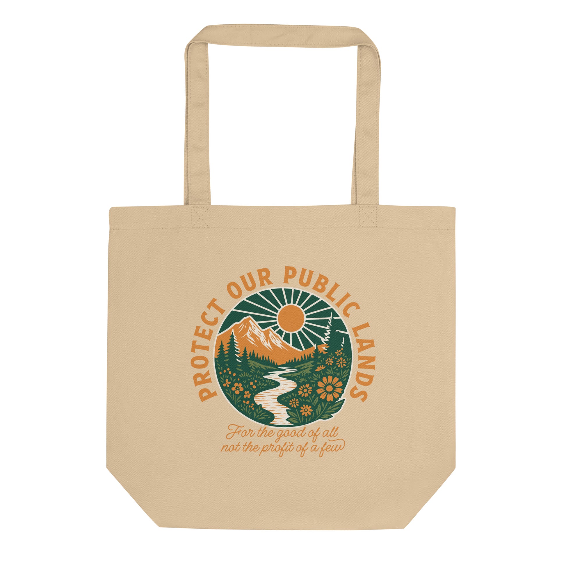 Natural reusable tote bag featuring retro outdoor artwork celebrating environmental stewardship, conservation, and the protection of public lands.
