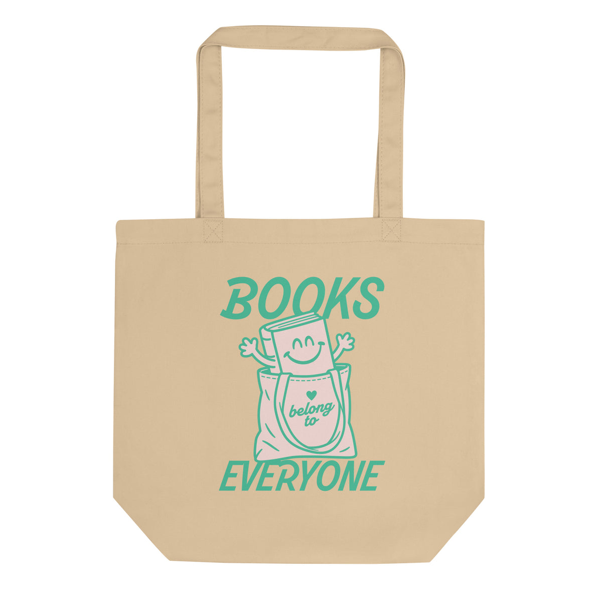 Natural eco tote bag featuring a cheerful book character and “Books Belong to Everyone” typography, celebrating reading, libraries, and inclusive access to books.