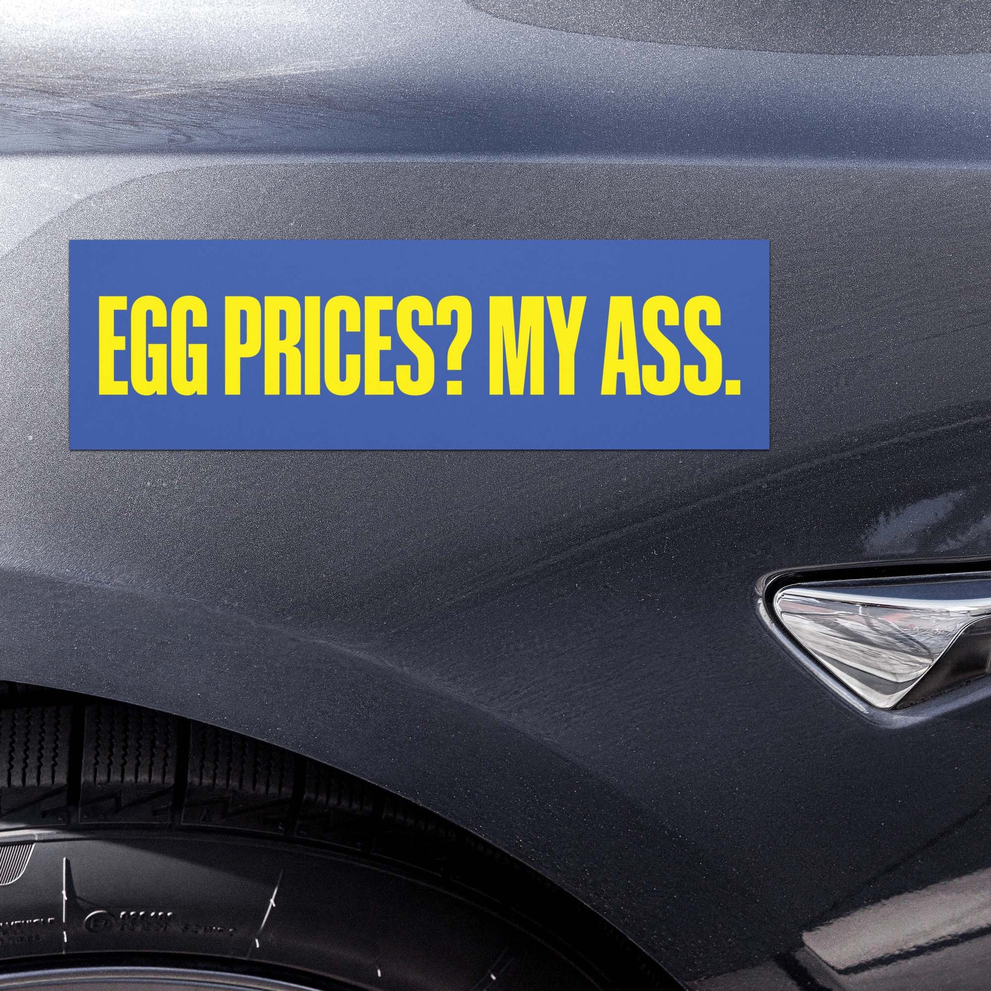 Blunt anti-MAGA Political Satire car magnet displayed on vehicle bumper with bold yellow text reading “EGG PRICES? MY ASS.” on blue background.