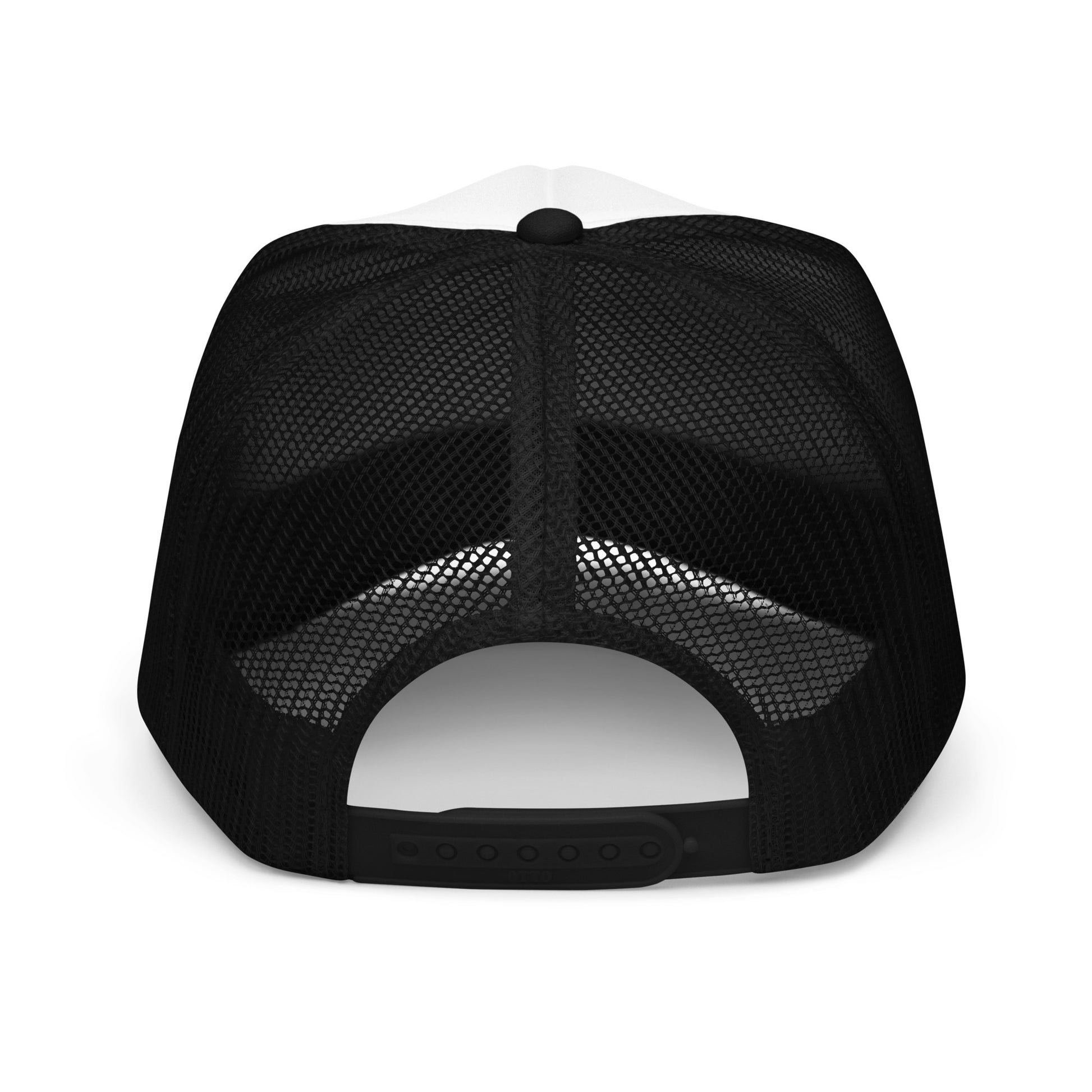 Back of trucker hat showing breathable mesh design and adjustable snapback closure, minimal branding for everyday wear styling.