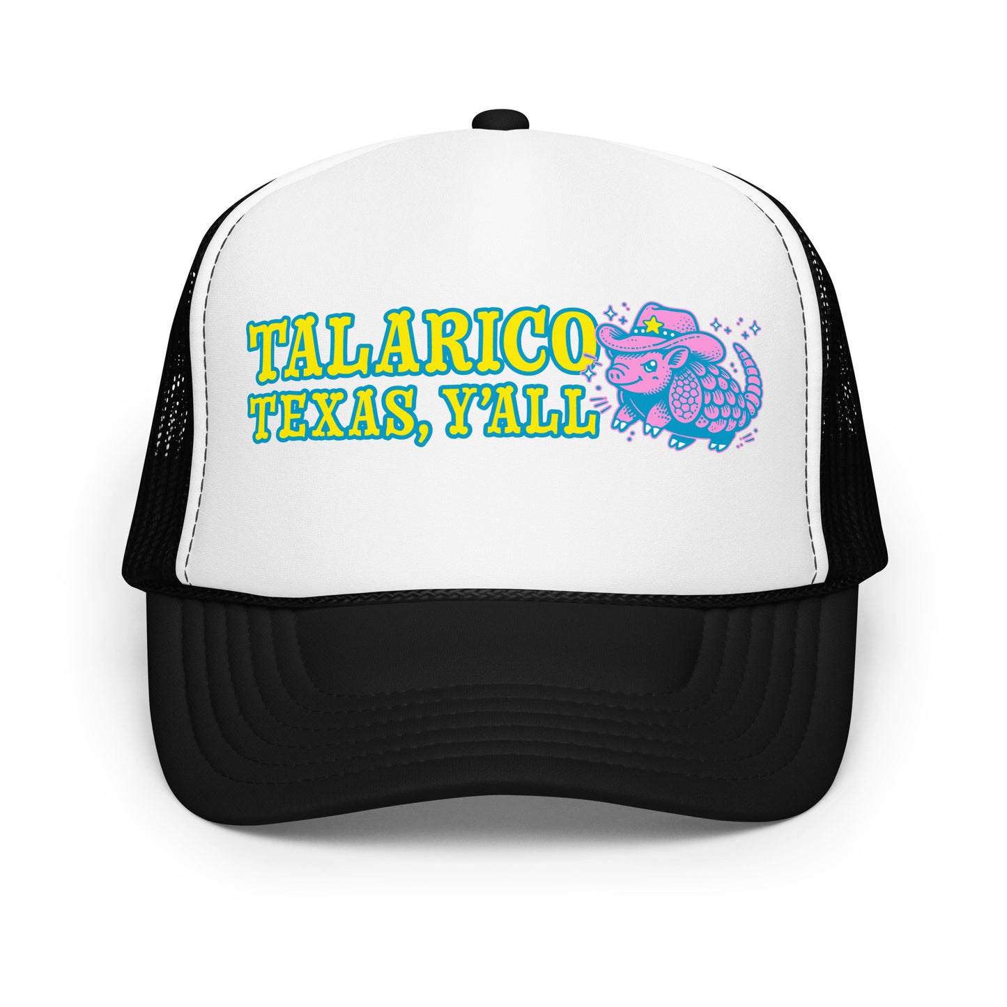 Foam trucker hat with white front and black mesh featuring colorful western armadillo and bold “Talarico Texas Y’all” Texas graphic design.