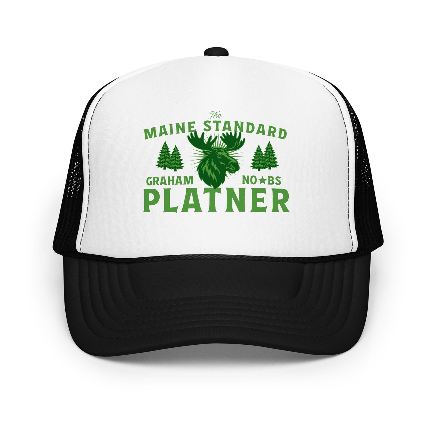 Foam trucker hat with white front and black mesh featuring green moose graphic and “Maine Standard Graham Platner” vintage outdoor design.