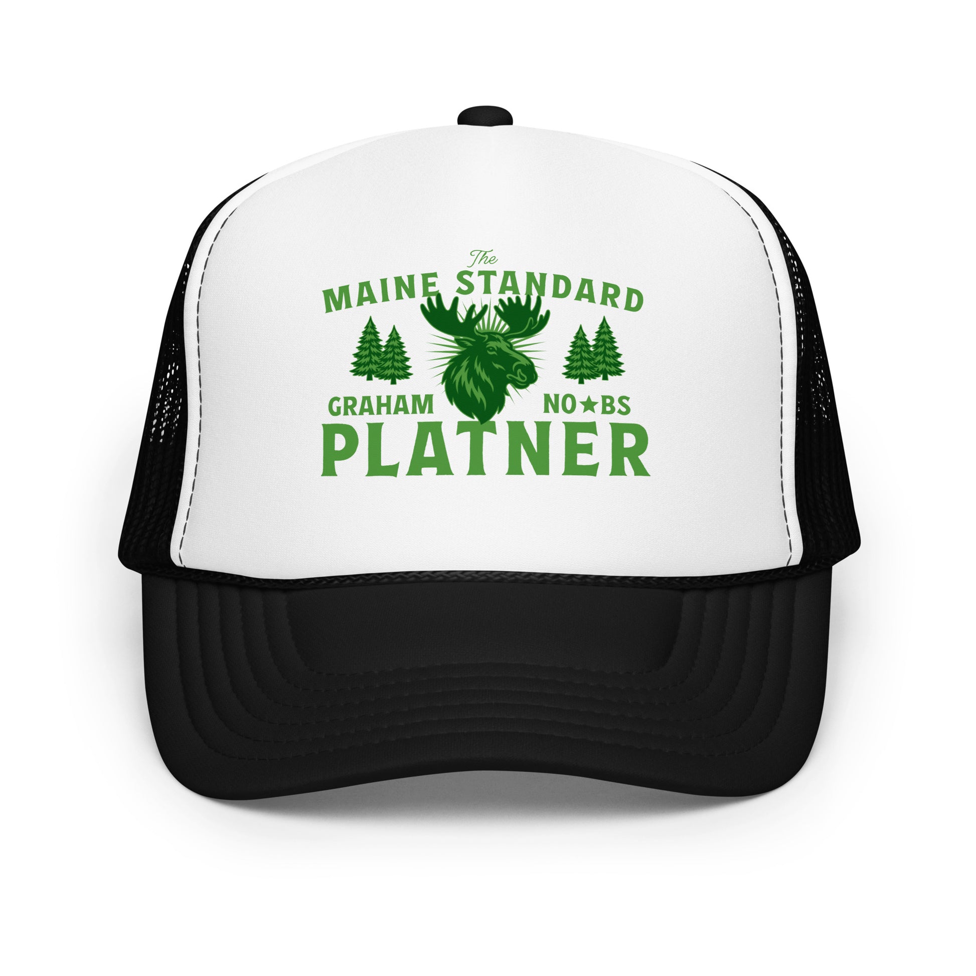 Foam trucker hat with white front and black mesh featuring green moose graphic and “Maine Standard Graham Platner” vintage outdoor design.