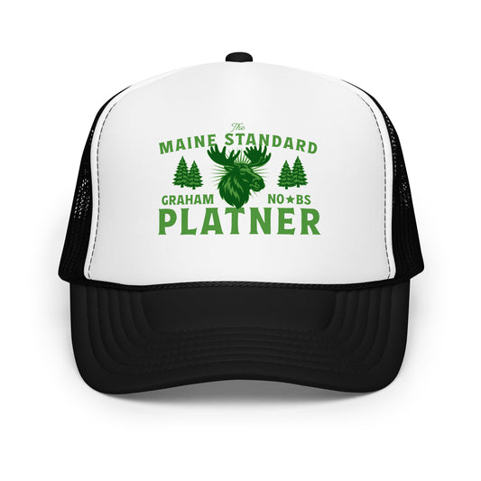 Foam trucker hat with white front and black mesh featuring green moose graphic and “Maine Standard Graham Platner” vintage outdoor design.