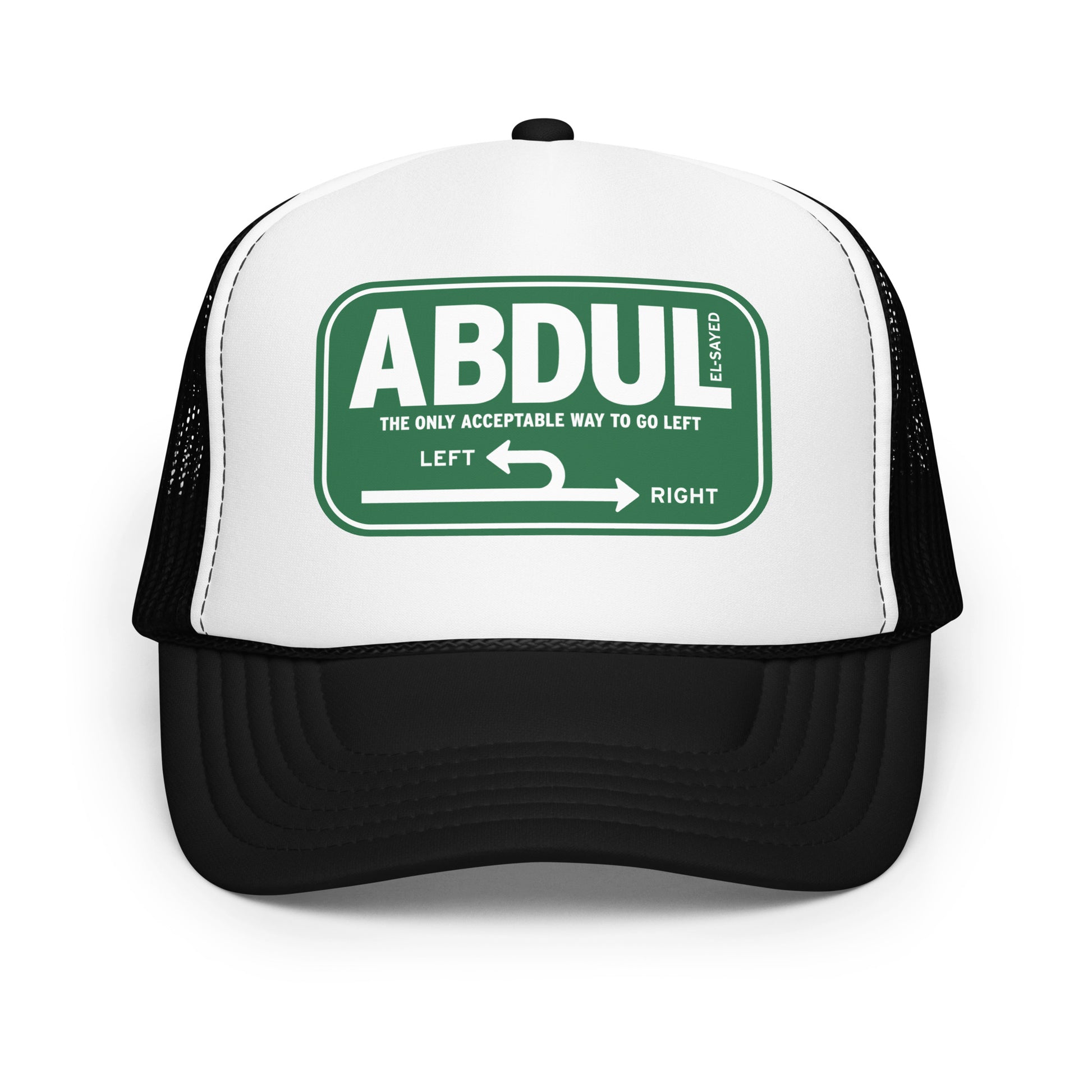 Black and white foam trucker hat featuring green Michigan left road sign graphic with “Abdul El-Sayed” text inspired by classic highway signage.
