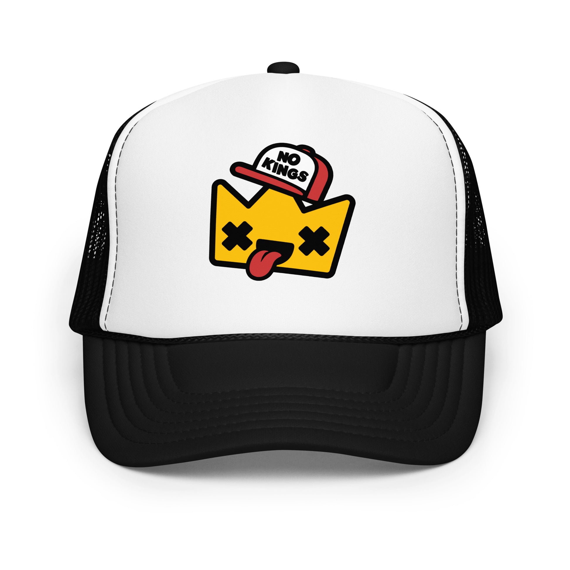 Black and white foam trucker hat featuring a playful cartoon crown graphic wearing a “No Kings” cap, combining political satire, protest humor, and pro-democracy messaging.