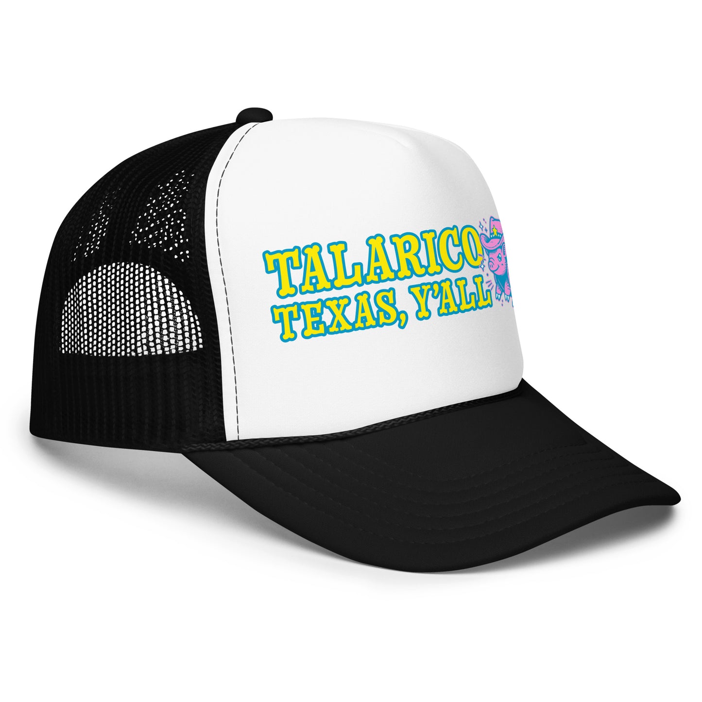Side angle of foam trucker cap highlighting curved brim and “Talarico Texas Y’all” western armadillo graphic on structured front panel.