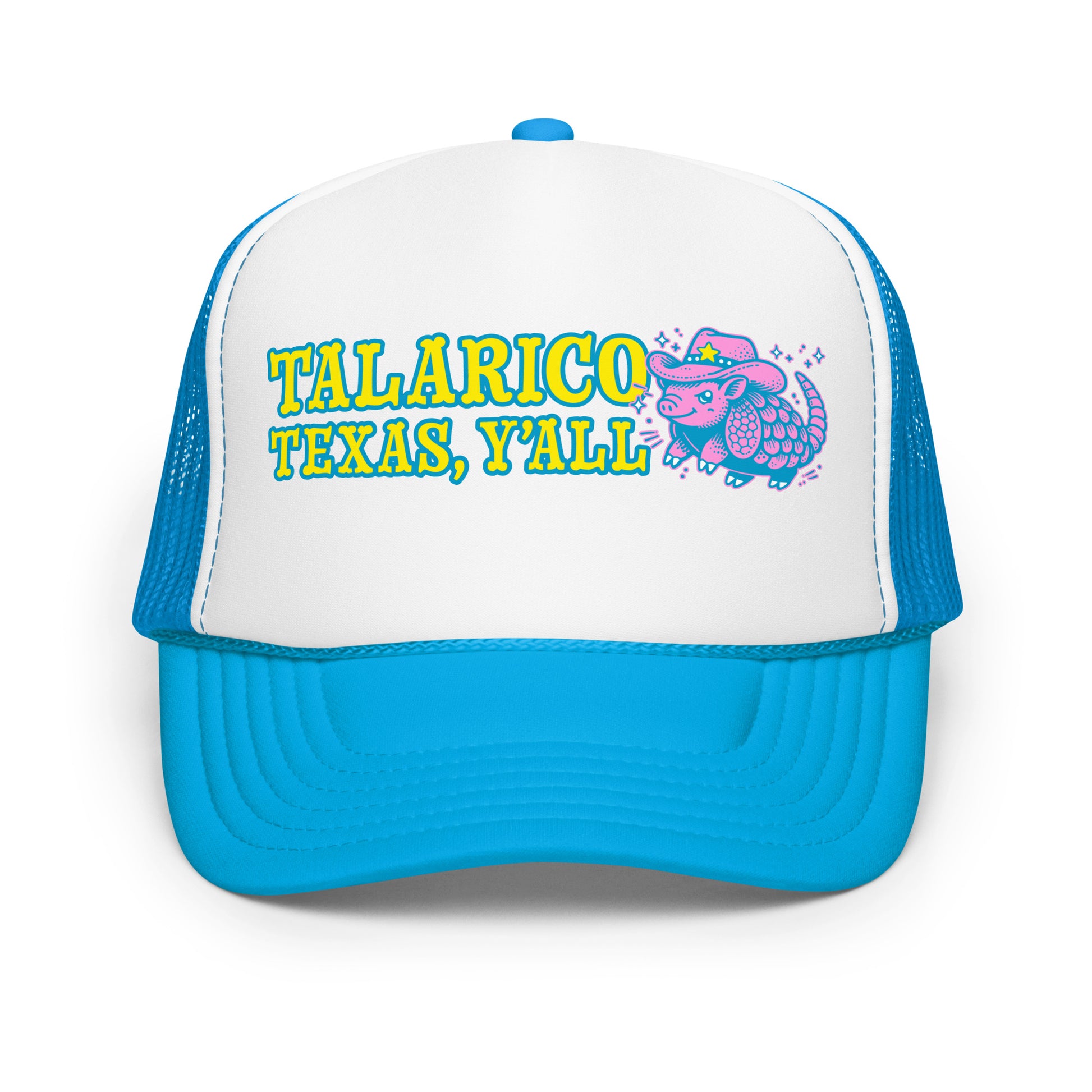 Blue and white foam trucker hat with bright armadillo cowboy graphic and “Talarico Texas Y’all” text in bold western style.