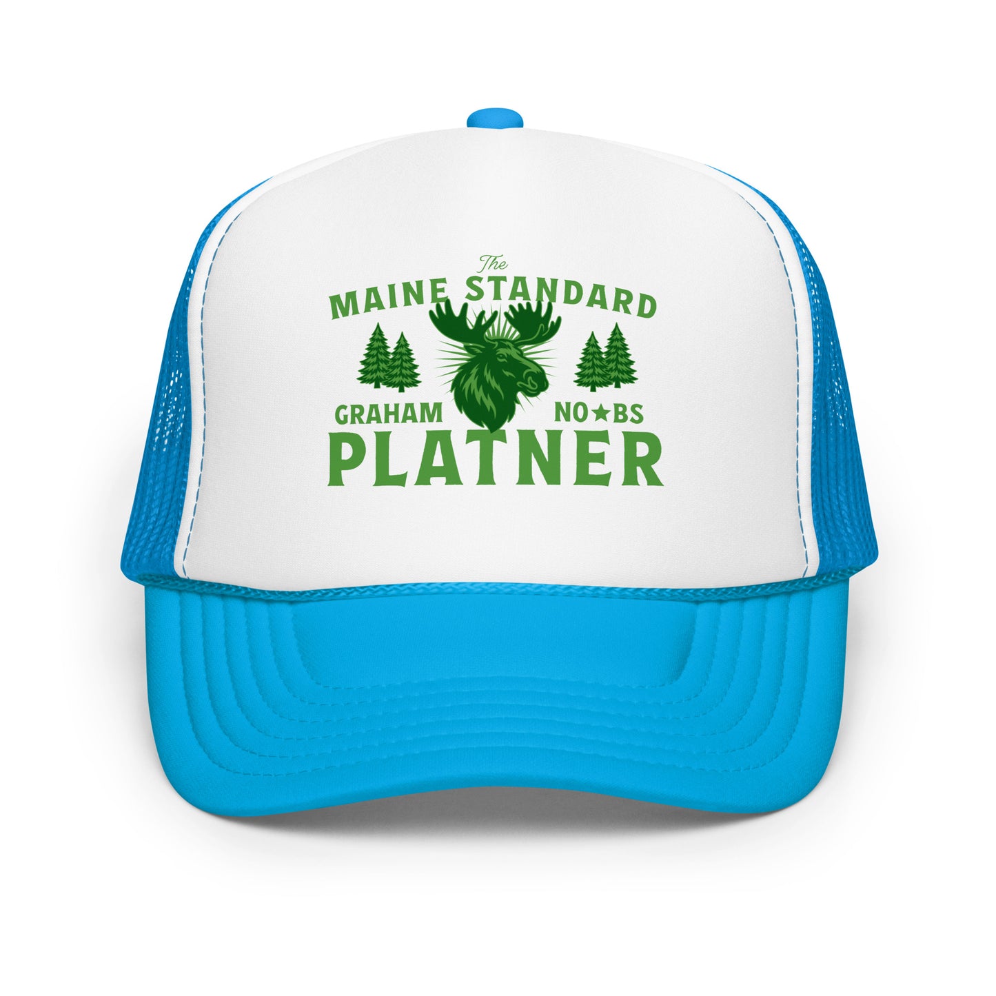 Teal and white foam trucker hat featuring moose illustration with “Maine Standard Graham Platner” text in vintage regional outdoor style.