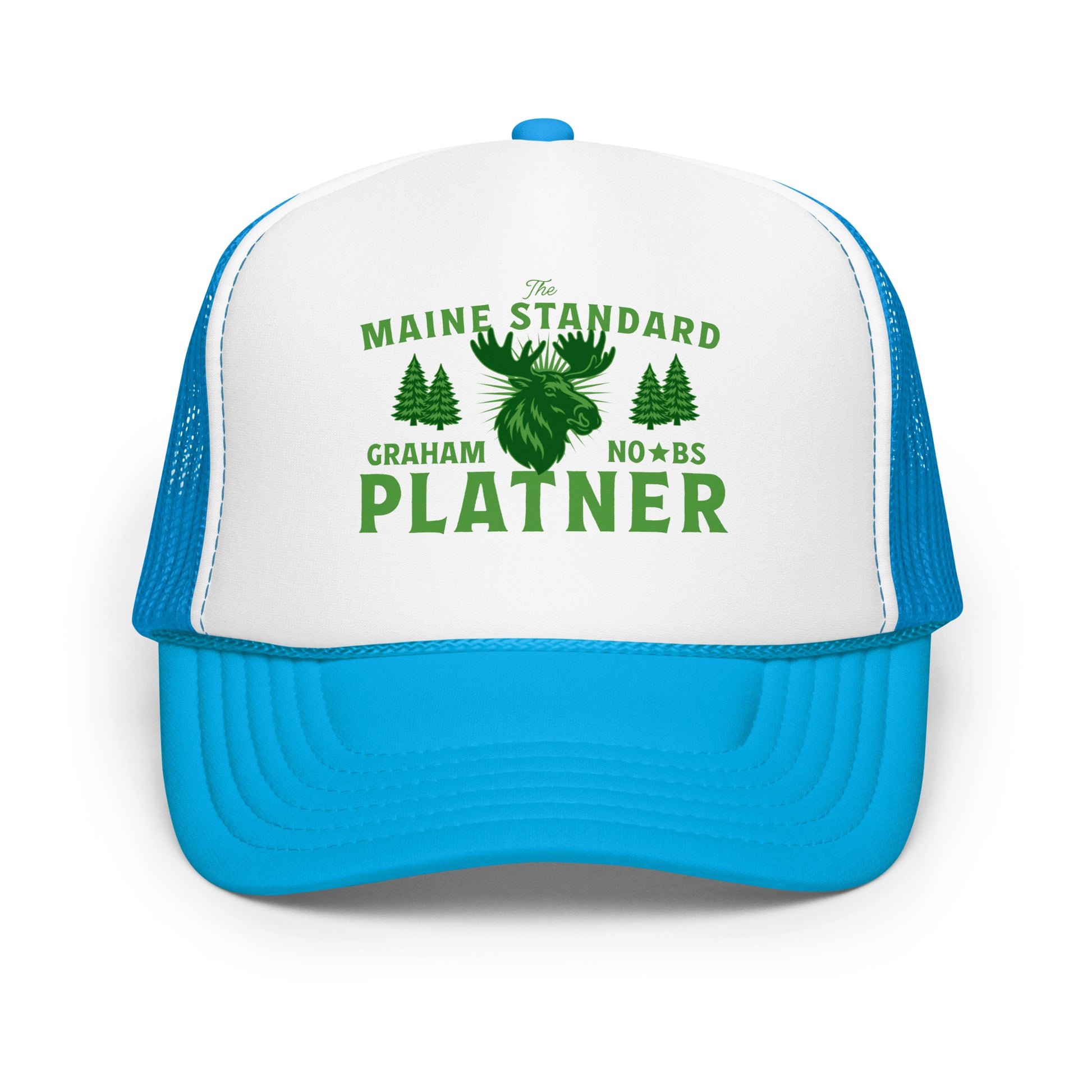Teal and white foam trucker hat featuring moose illustration with “Maine Standard Graham Platner” text in vintage regional outdoor style.