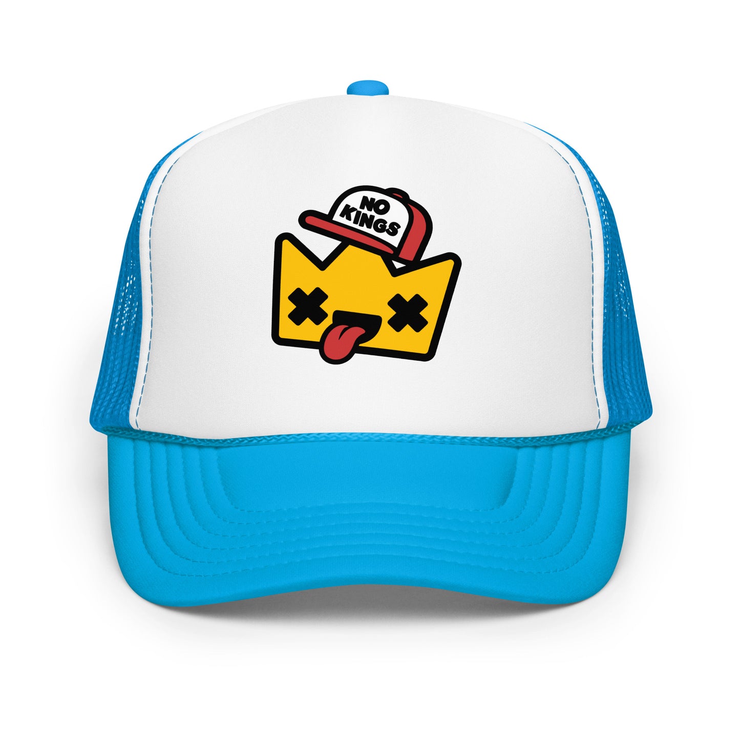 Light blue and white trucker hat featuring a cartoon crown wearing a “No Kings” cap, combining political satire, civic pride, and bold graphic design.