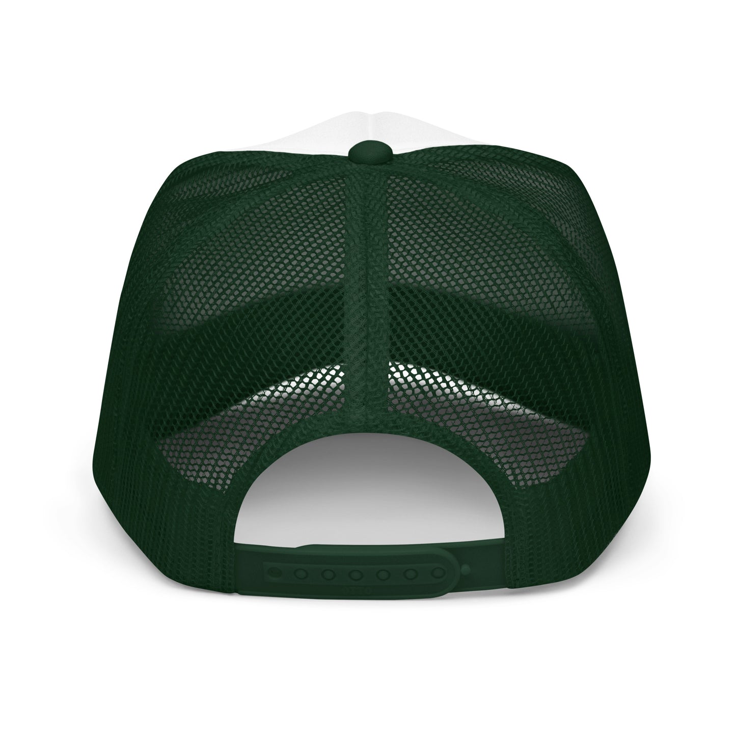 Back view of a green foam trucker hat with breathable mesh panels and adjustable snapback closure.