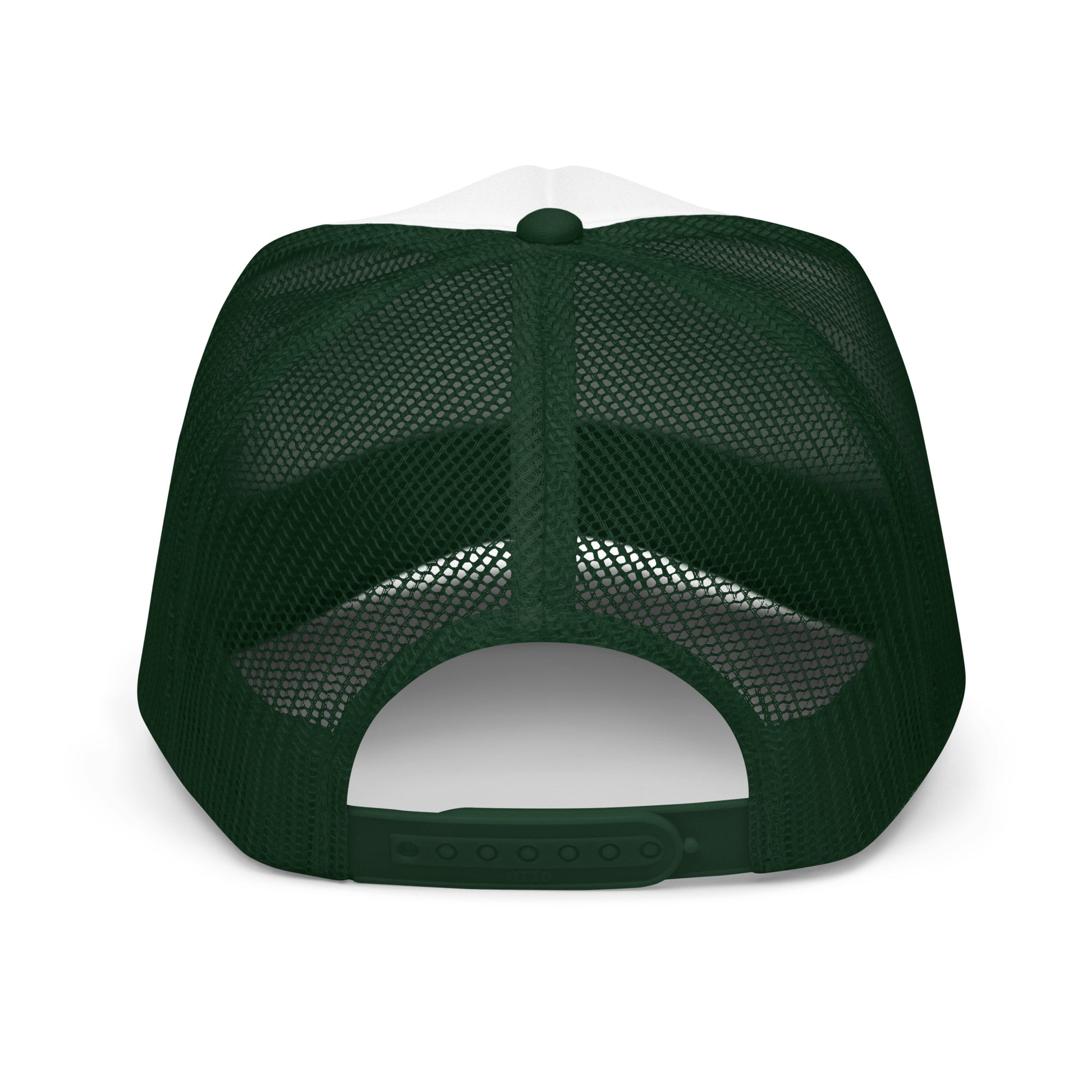 Back view of a green foam trucker hat with breathable mesh panels and adjustable snapback closure.