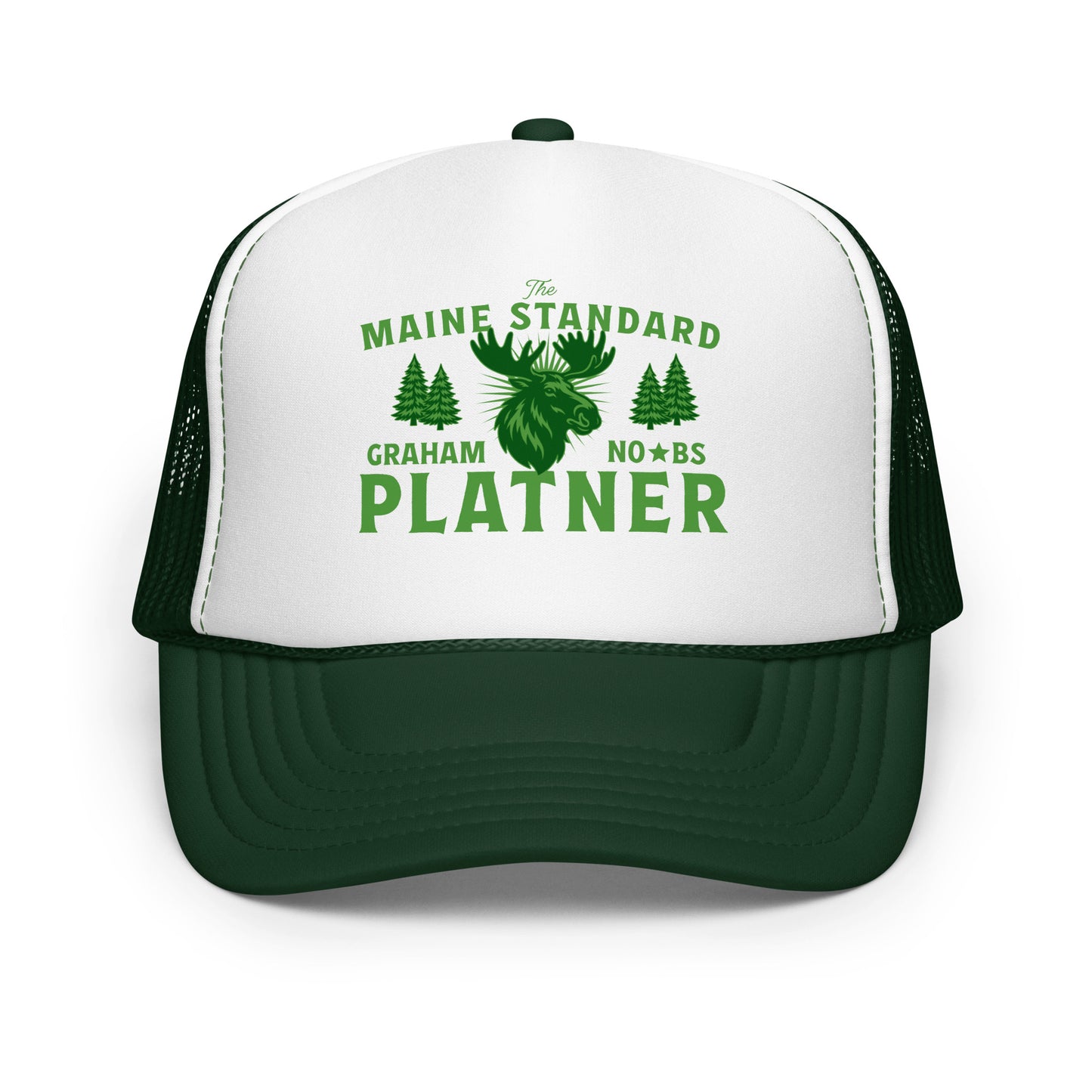 Green and white trucker hat displaying moose illustration with “Maine Standard Graham Platner” text in rustic Maine-inspired graphic style.