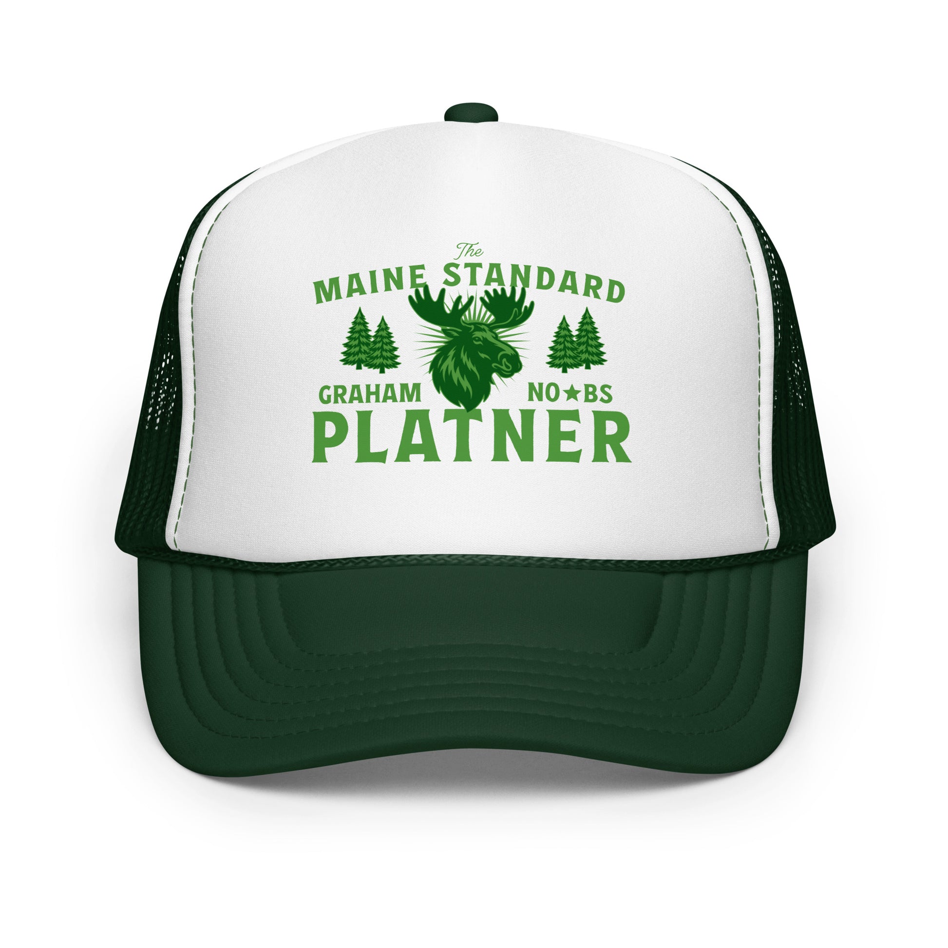 Green and white trucker hat displaying moose illustration with “Maine Standard Graham Platner” text in rustic Maine-inspired graphic style.