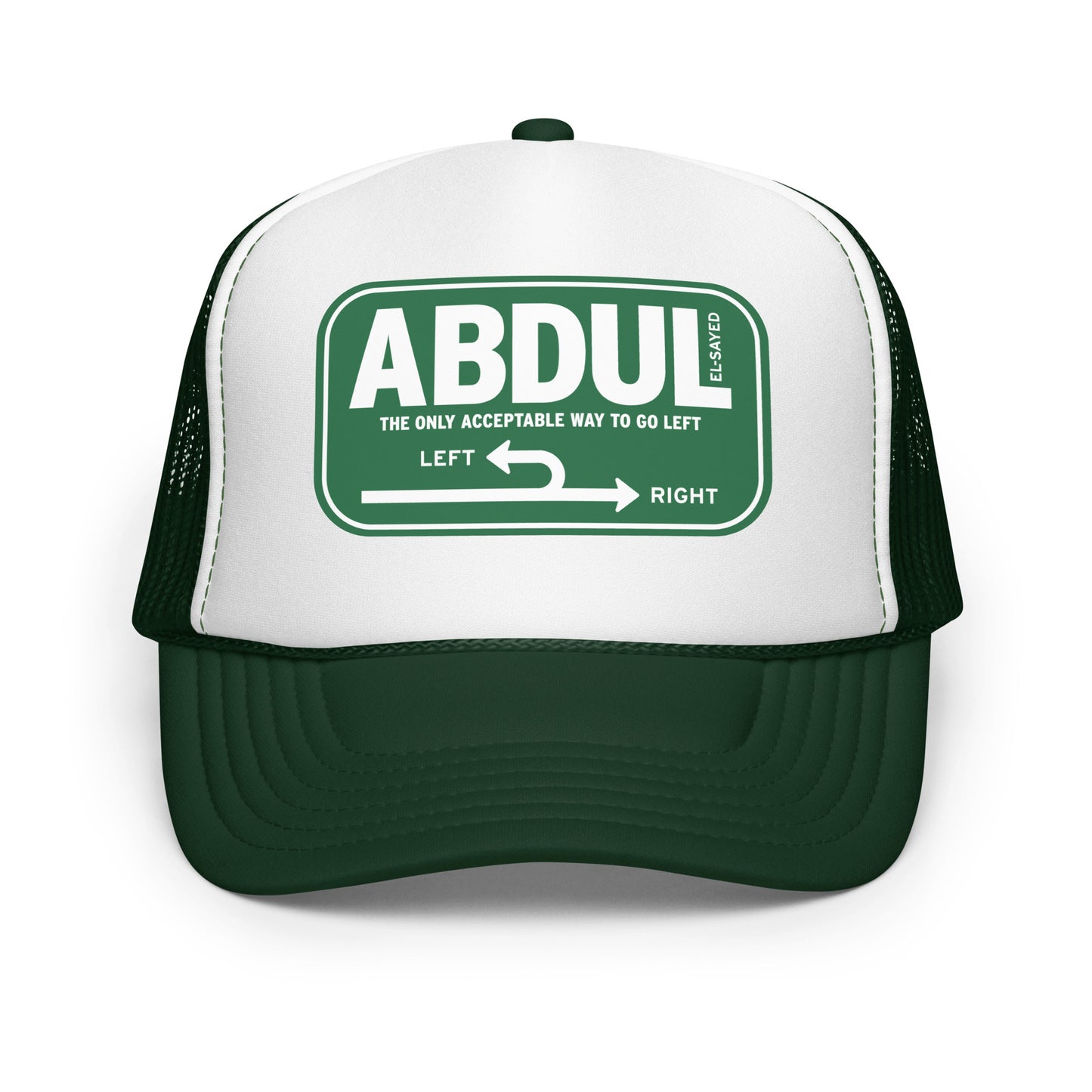 Green and white foam trucker hat featuring Michigan left sign graphic with “Abdul El-Sayed” text in retro highway-inspired design.