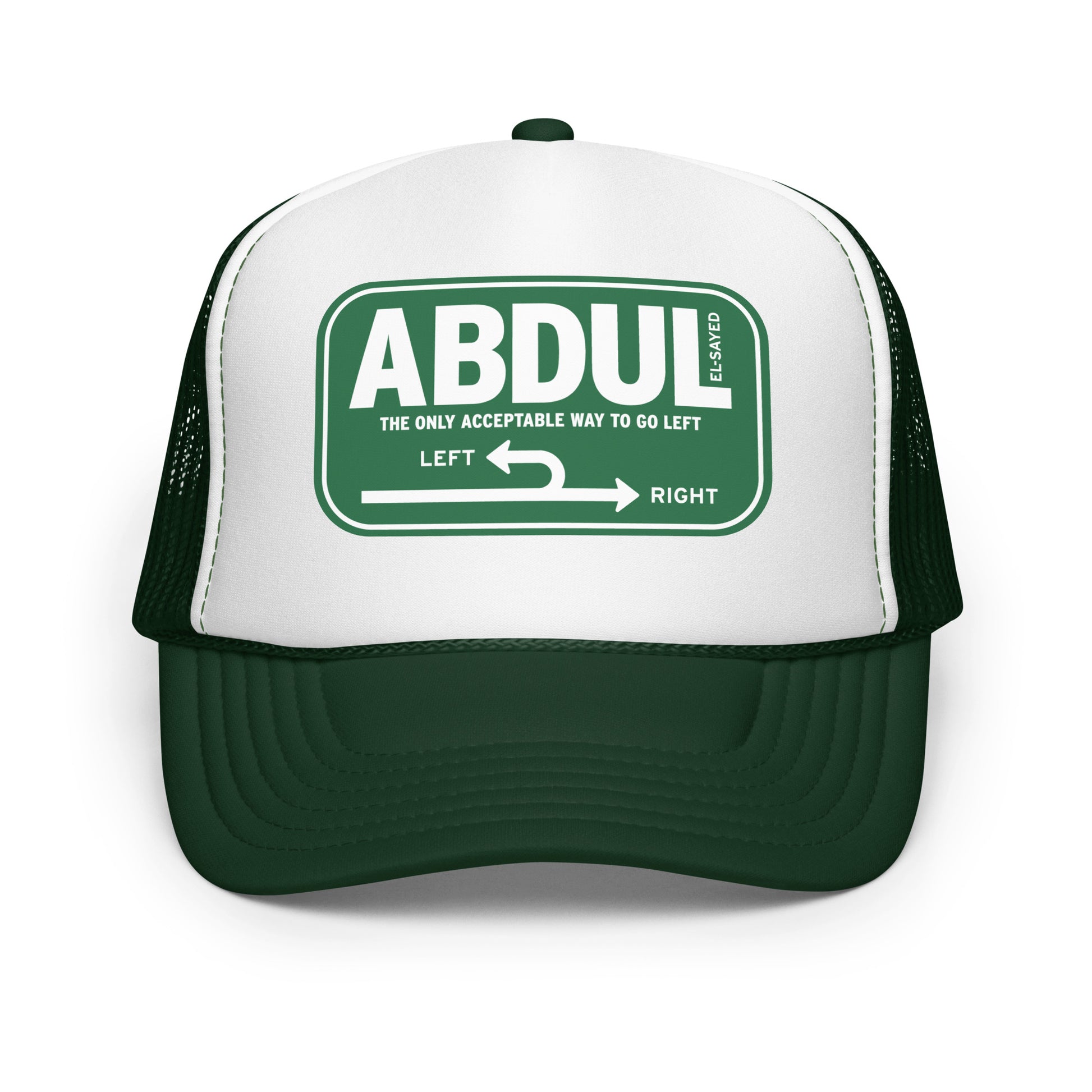 Green and white foam trucker hat featuring Michigan left sign graphic with “Abdul El-Sayed” text in retro highway-inspired design.
