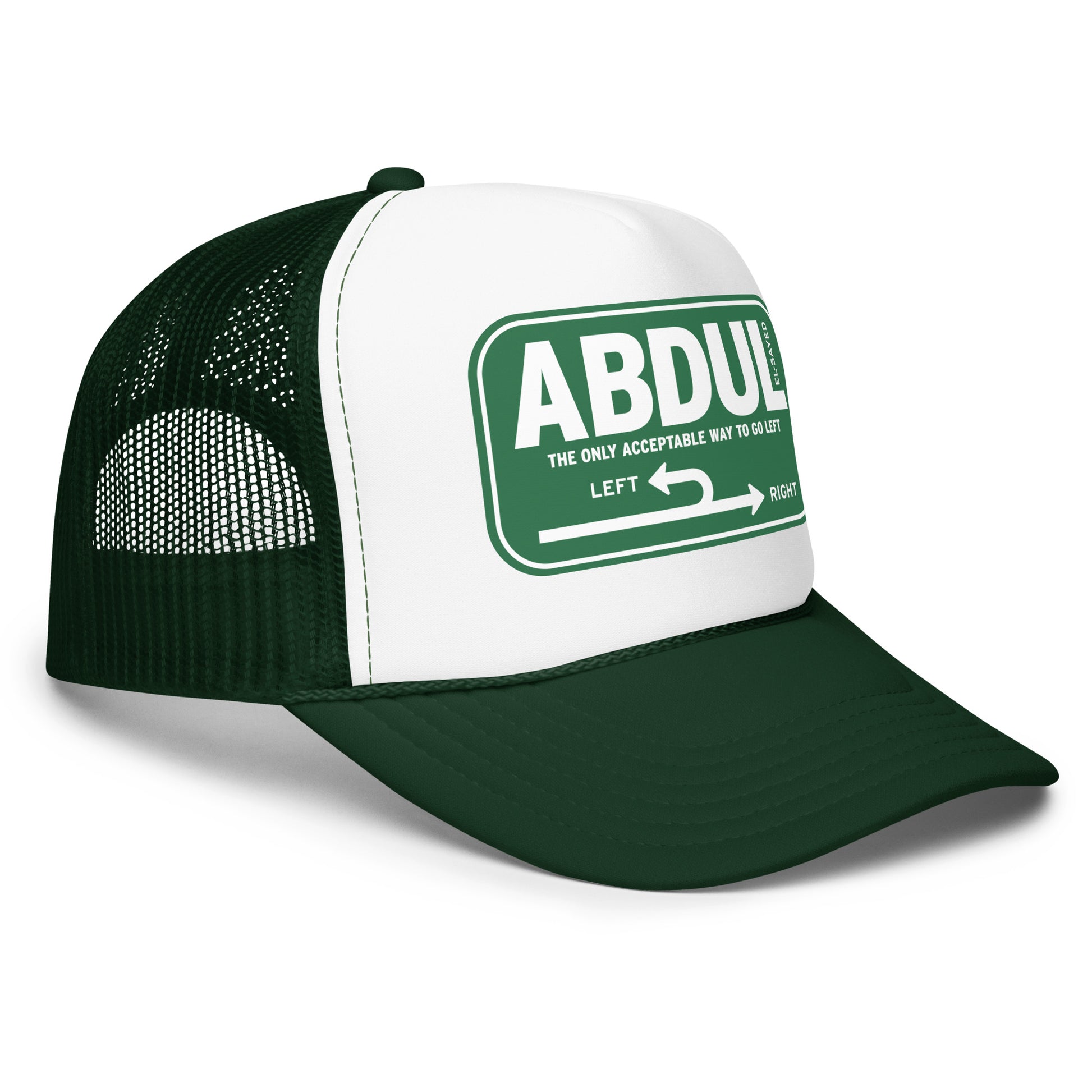 Angled view of green and white trucker hat displaying Michigan left road sign design with “Abdul El-Sayed” text and directional arrows.