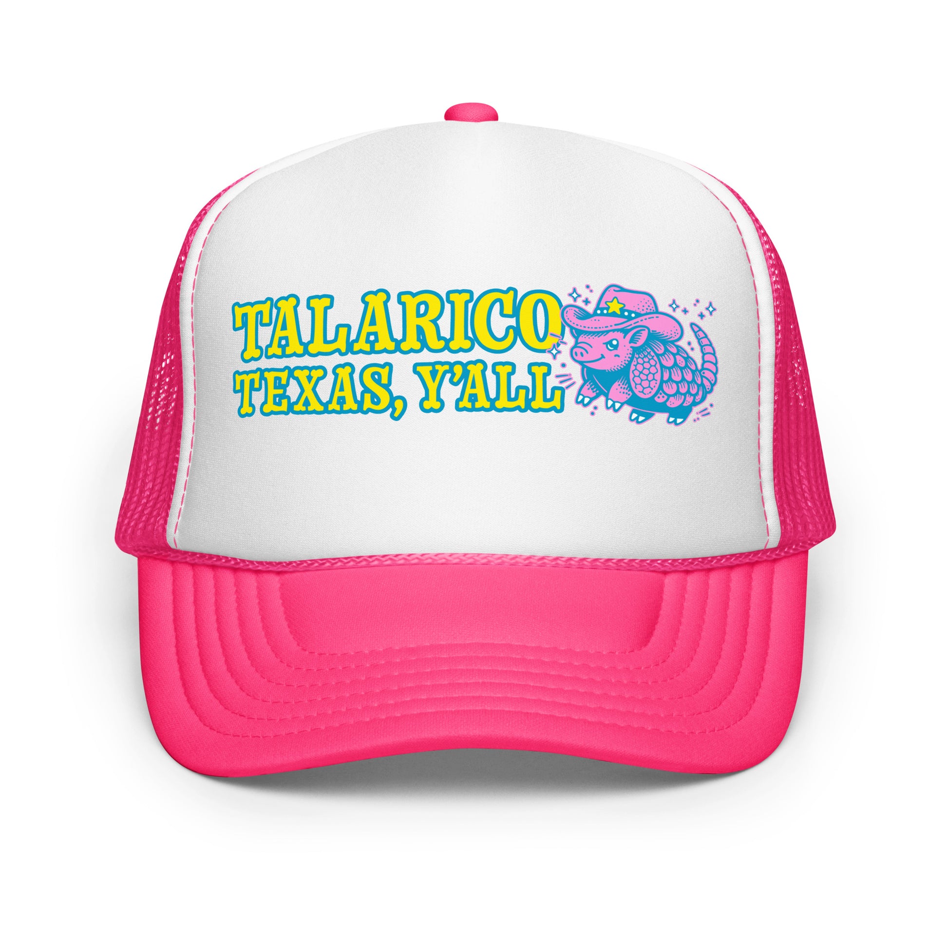 Hot pink and white trucker cap featuring playful armadillo illustration and “Talarico Texas Y’all” slogan in vibrant retro color palette.