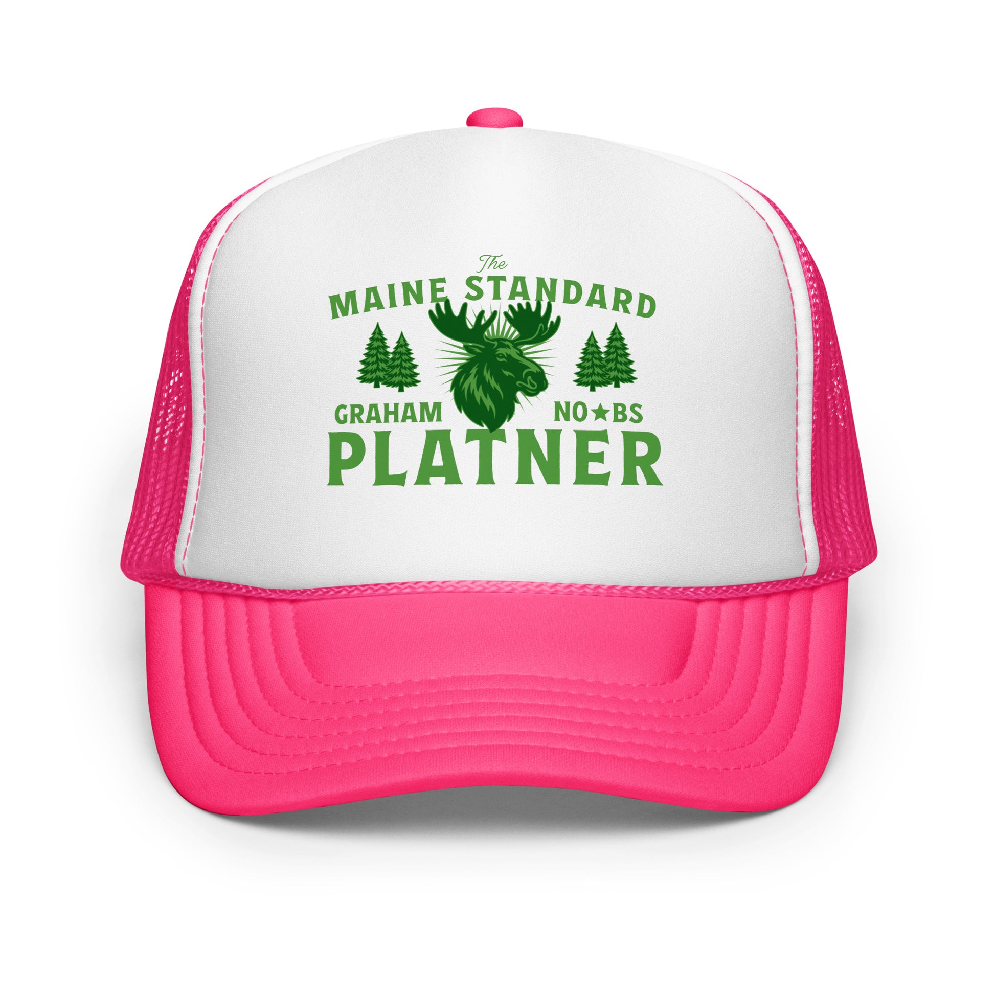 Pink and white trucker hat with green moose illustration and “Maine Standard Graham Platner” text in bold rustic outdoor style.