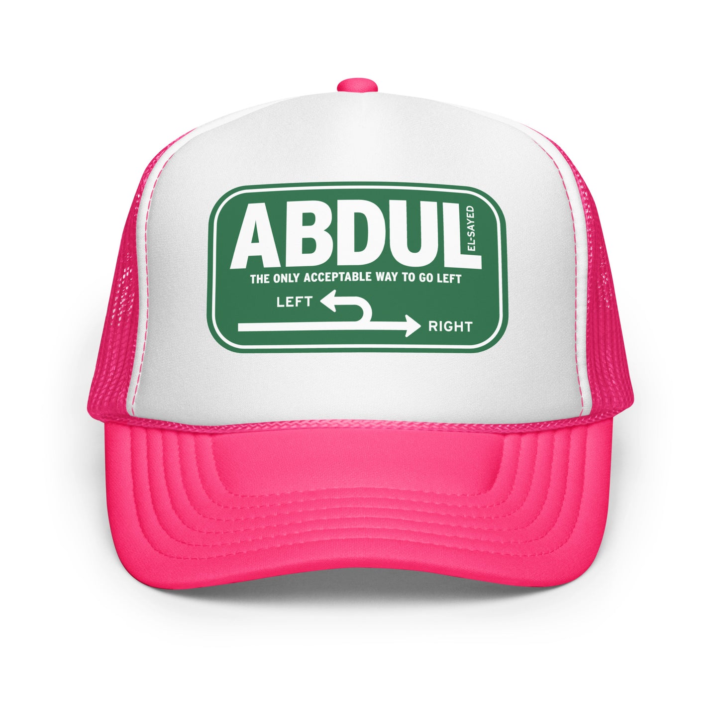 Pink and white foam trucker hat with green Michigan left sign graphic featuring “Abdul El-Sayed” text in clean retro design.