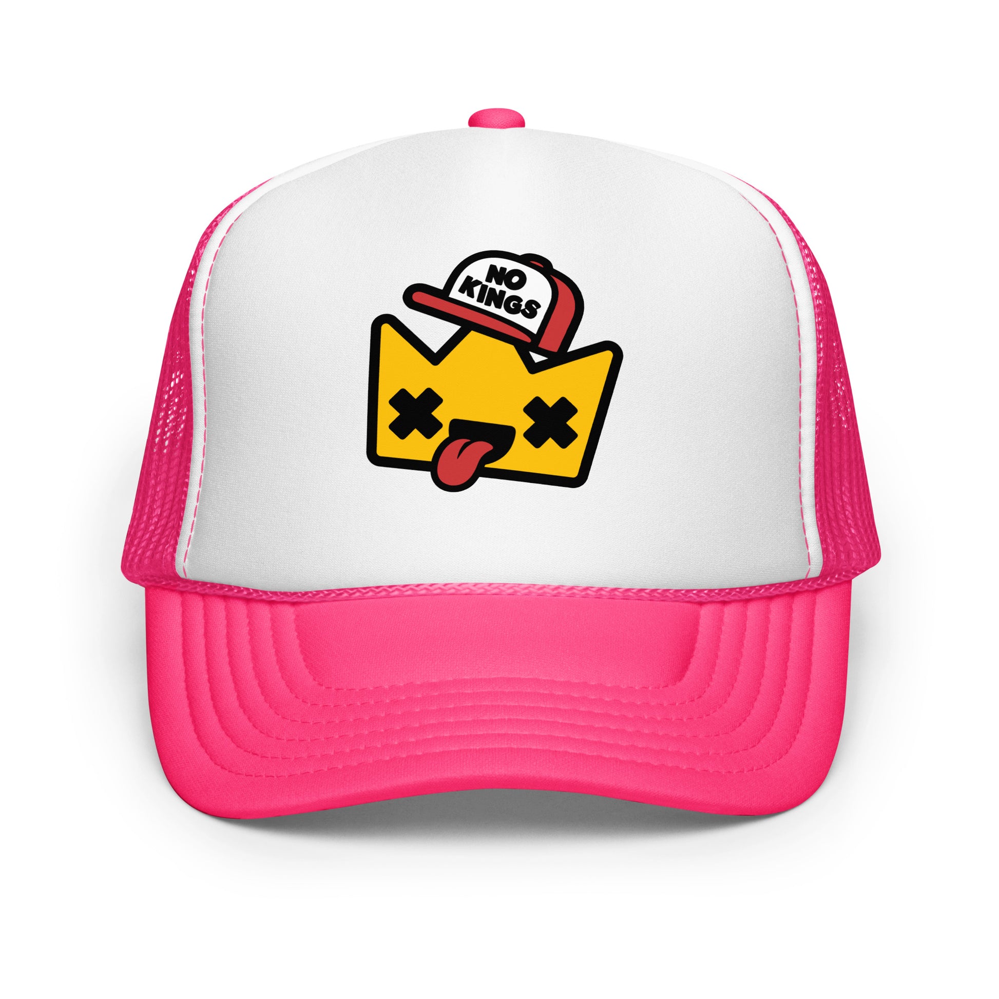 Pink and white foam trucker hat displaying a whimsical “No Kings” crown illustration with playful protest-inspired artwork and pro-democracy messaging.