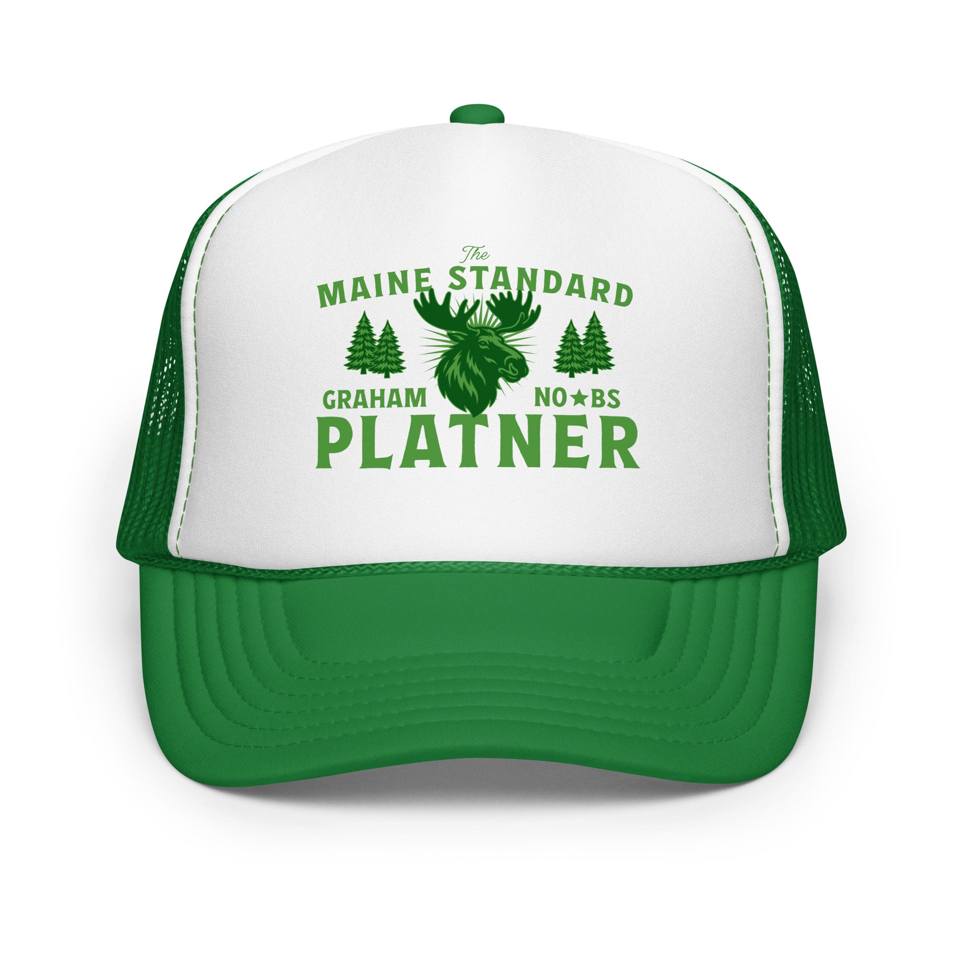 Kelly green trucker hat with white front panel showing moose graphic and “Graham Platner Maine Standard” text in classic Maine outdoors design.