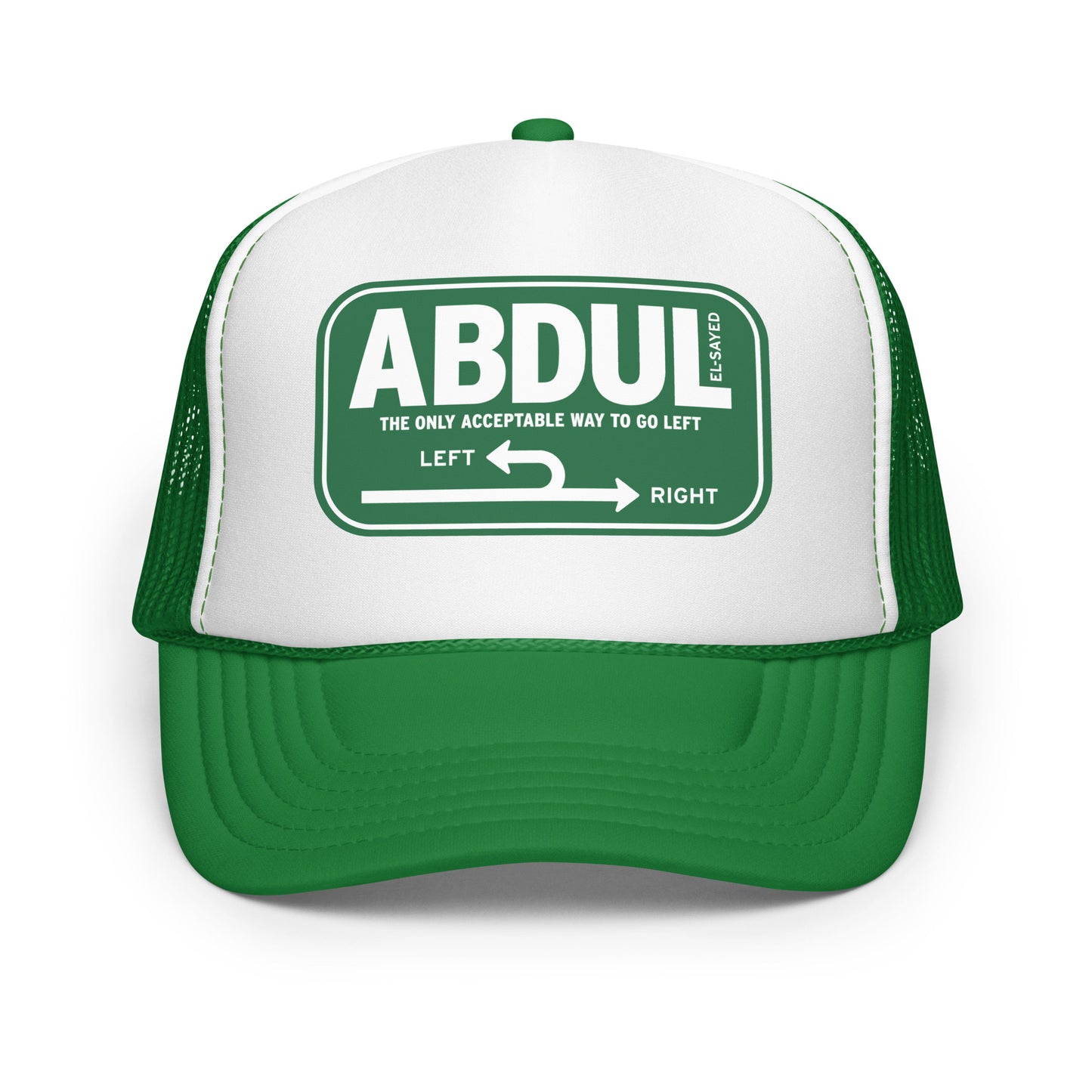 Green trucker hat with white front panel featuring Michigan left road sign artwork and “Abdul El-Sayed” text inspired by Michigan highways.