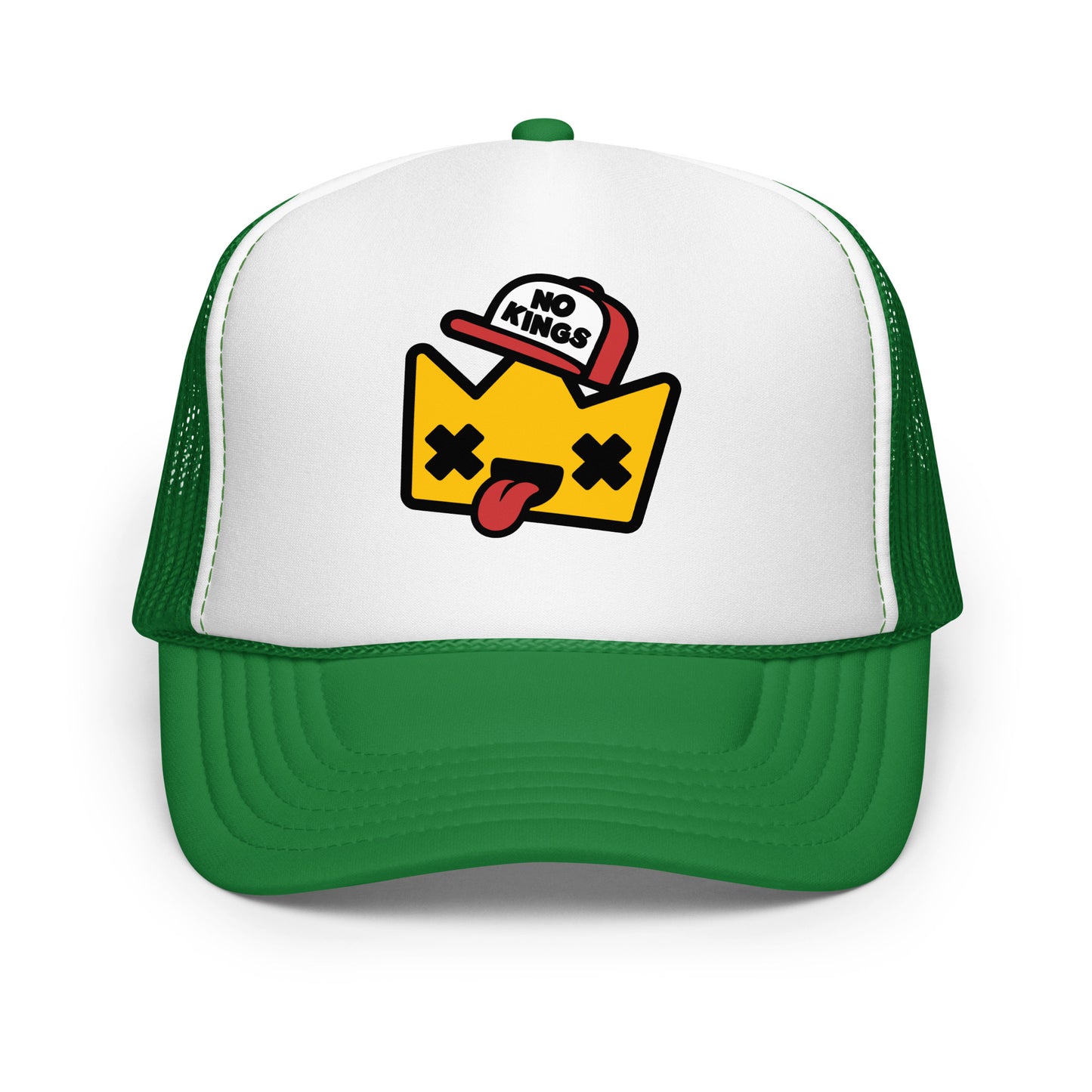 Front-facing green foam trucker hat featuring a bold “No Kings” cartoon crown graphic designed in a playful protest-art style celebrating democracy over inherited power.