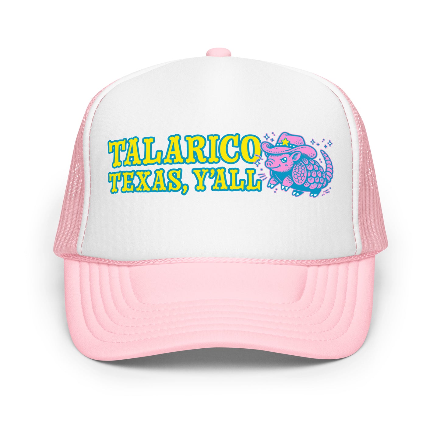 Pink and white trucker hat displaying retro western armadillo illustration with “Talarico Texas Y’all” Texas-inspired political design.