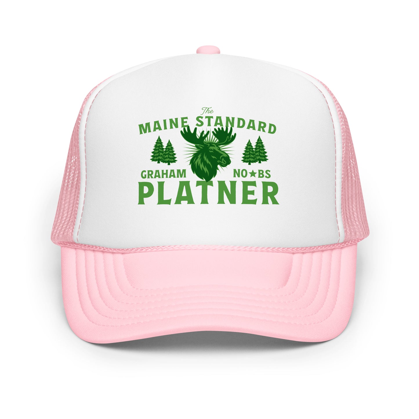Light pink and white trucker hat displaying green moose graphic and “Graham Platner Maine Standard” text in rustic Maine design.
