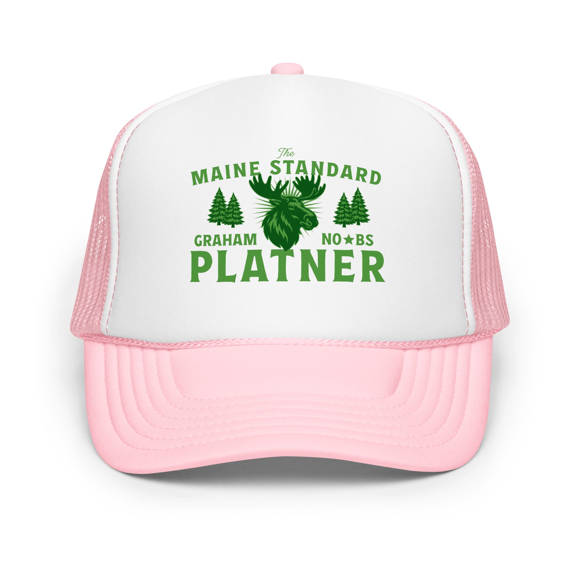 Light pink and white trucker hat displaying green moose graphic and “Graham Platner Maine Standard” text in rustic Maine design.