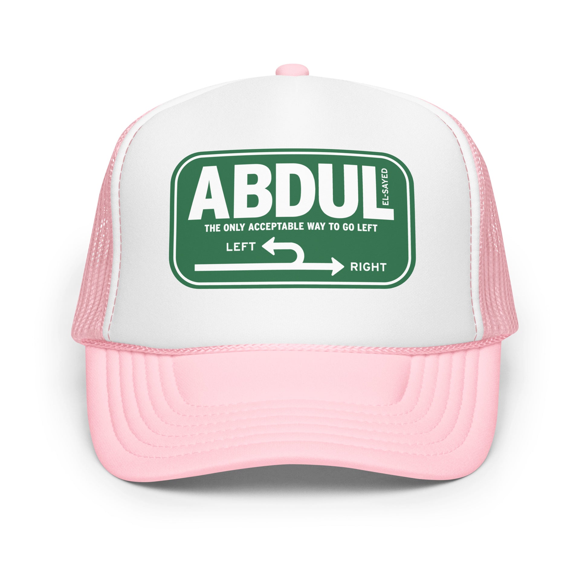 Light pink and white trucker hat featuring Michigan left sign graphic with “Abdul El-Sayed” text in vintage highway-inspired style.