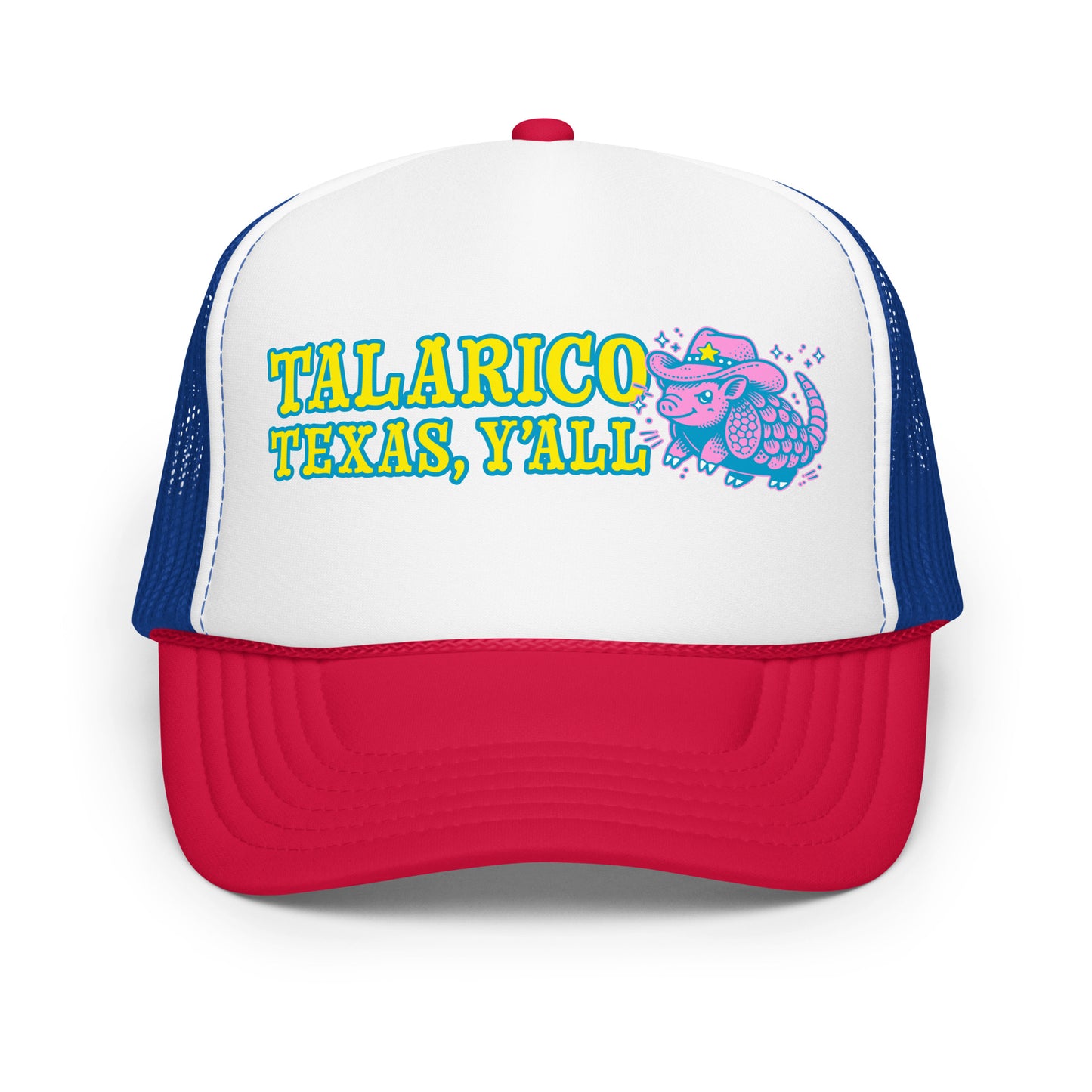 Red and white foam trucker hat featuring bold “Talarico Texas Y’all” lettering with colorful armadillo western graphic on front panel.