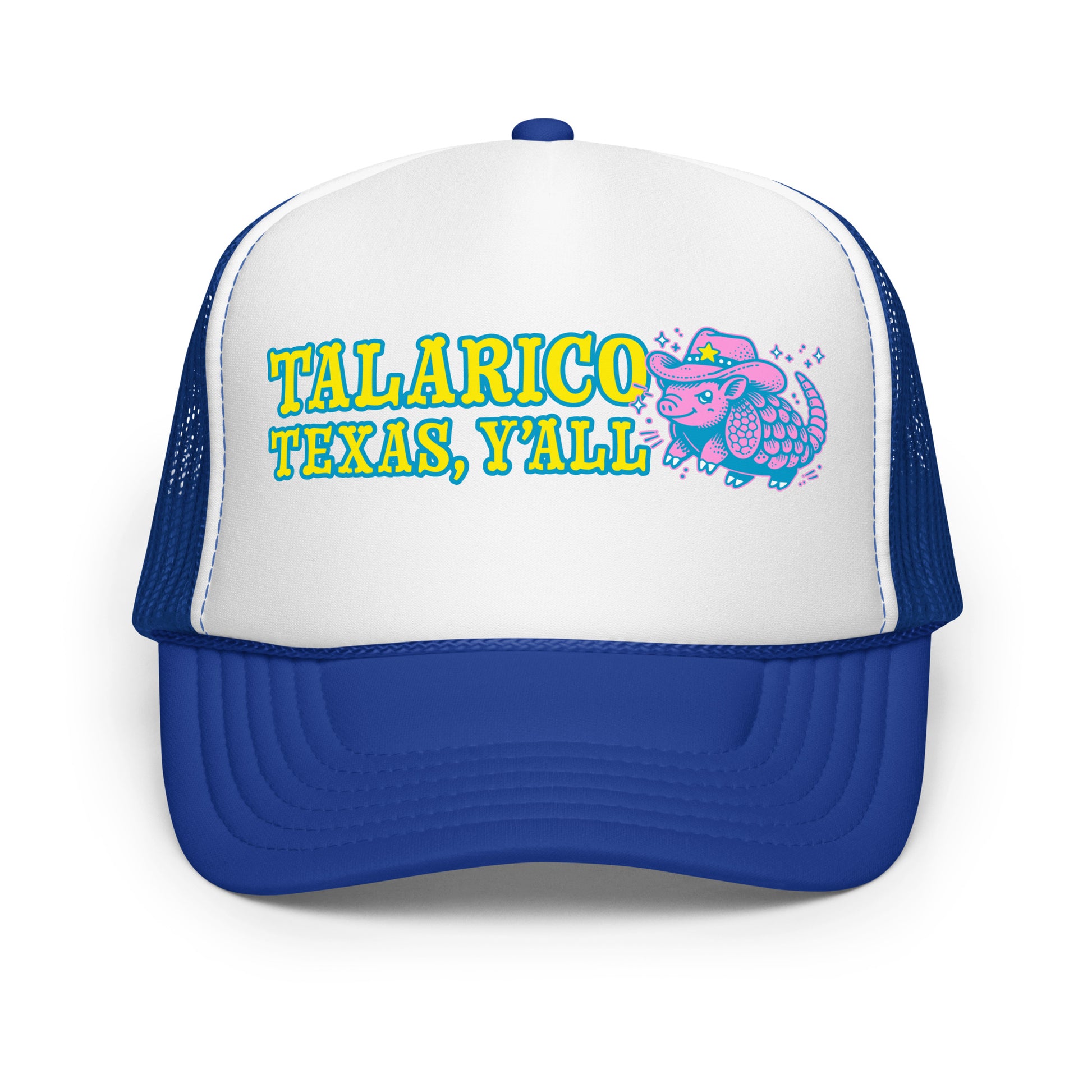 Royal blue and white trucker hat with western armadillo design and bold “Talarico Texas Y’all” text on structured foam front.