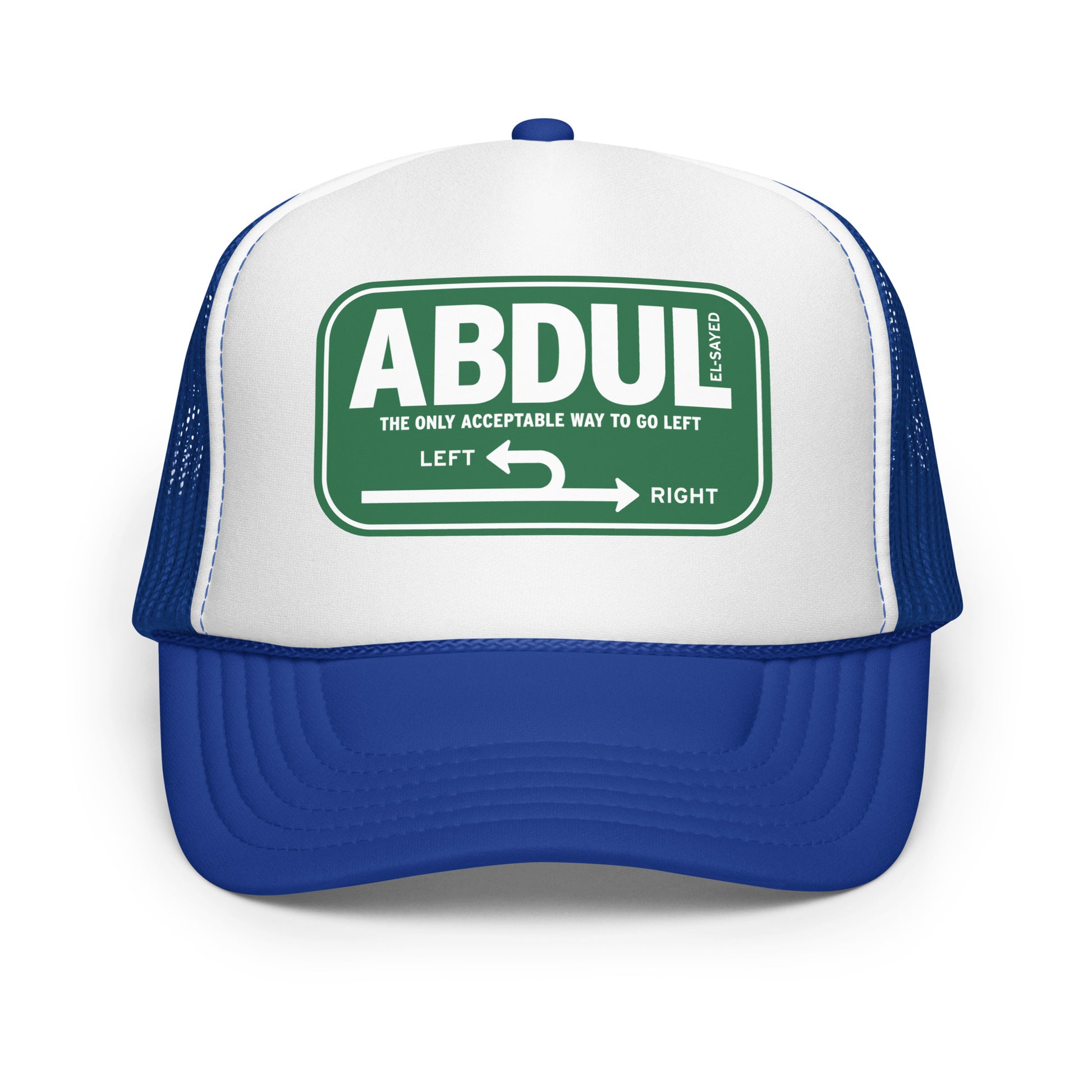 Blue and white trucker hat displaying green Michigan left road sign artwork with “Abdul El-Sayed” text and directional highway arrows.